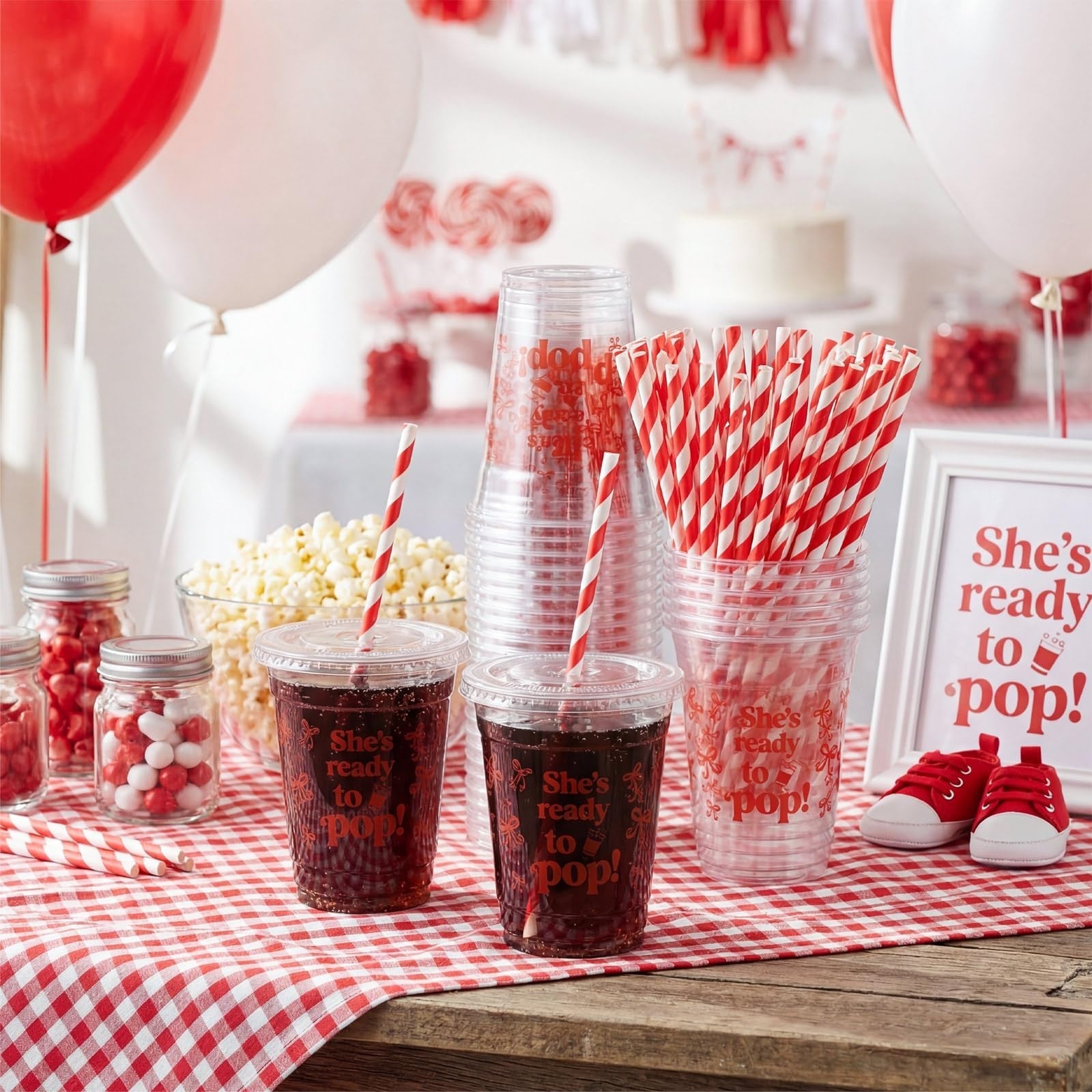 50 Set Disposable Cups with Lids & Straws - 12 oz Red Plastic for Parties, Baby5