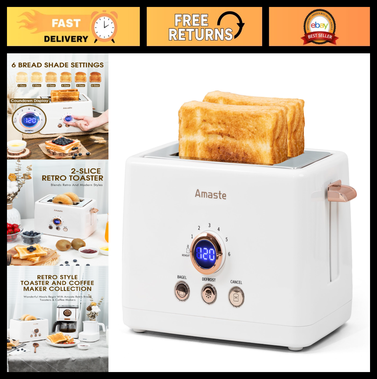 Retro 2 Slice Toaster with LED Display, Extra Wide Slots, 6 Shade Settings, Bage0