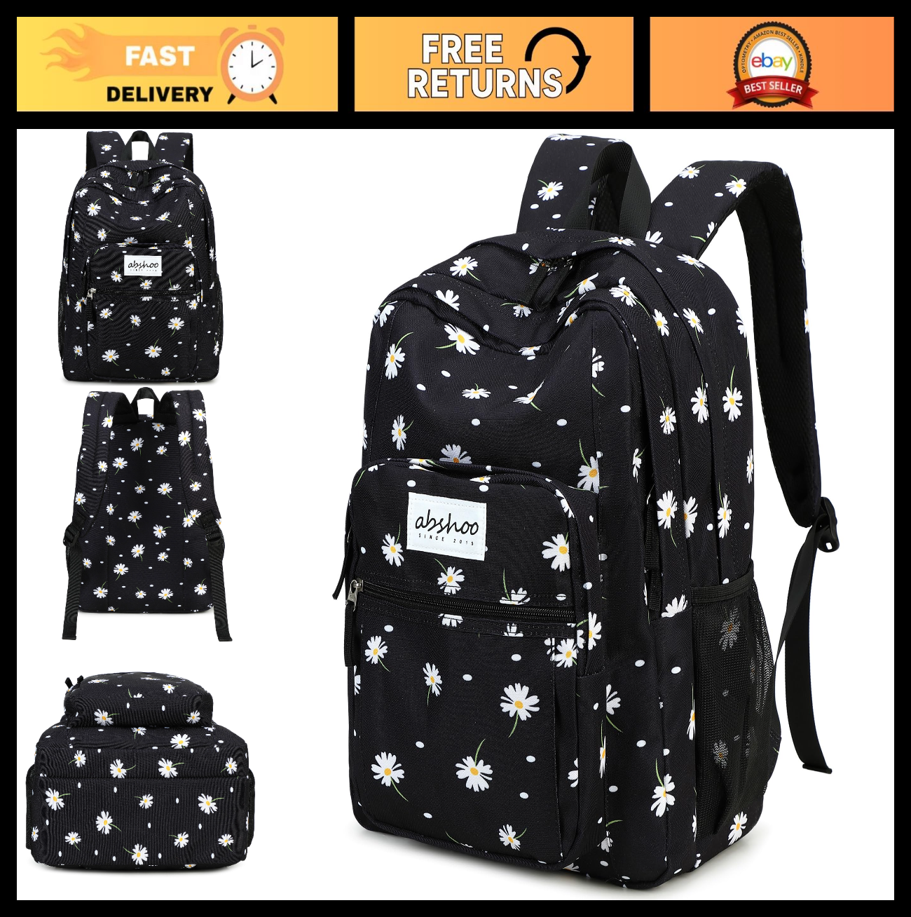 Water Resistant Daisy Backpack for Women & Teens   School, College Bookbag0