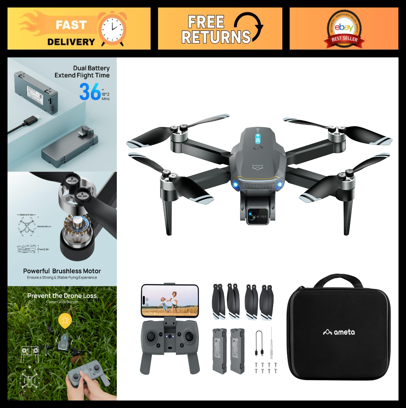 Foldable 4K UHD Camera Drone with Brushless Motor, 36 Min Flight, FPV, Altitude0