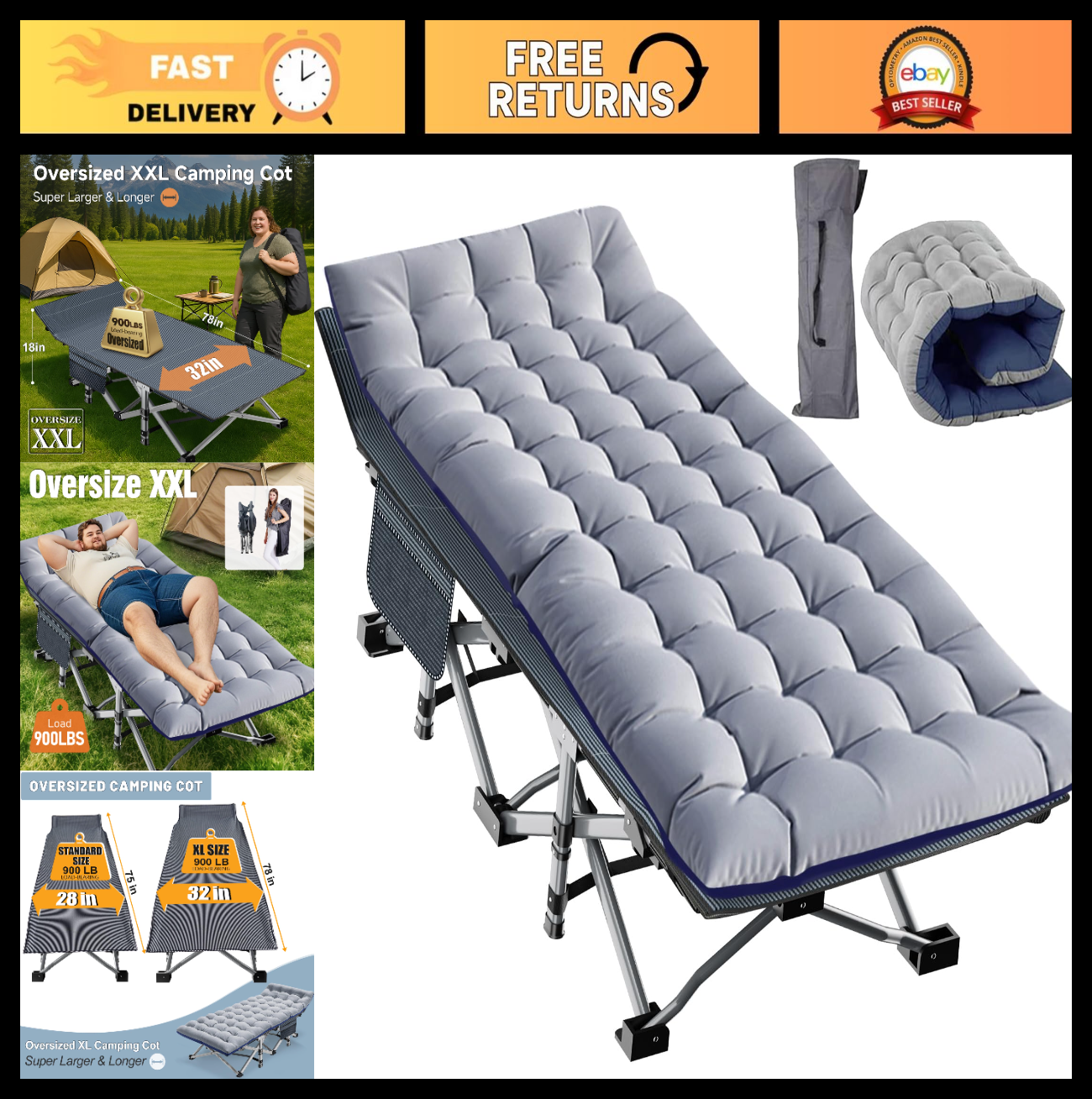 Oversized Folding Camping Cot for Adults   32" Wide, 900LBS Capacity, Includes P0