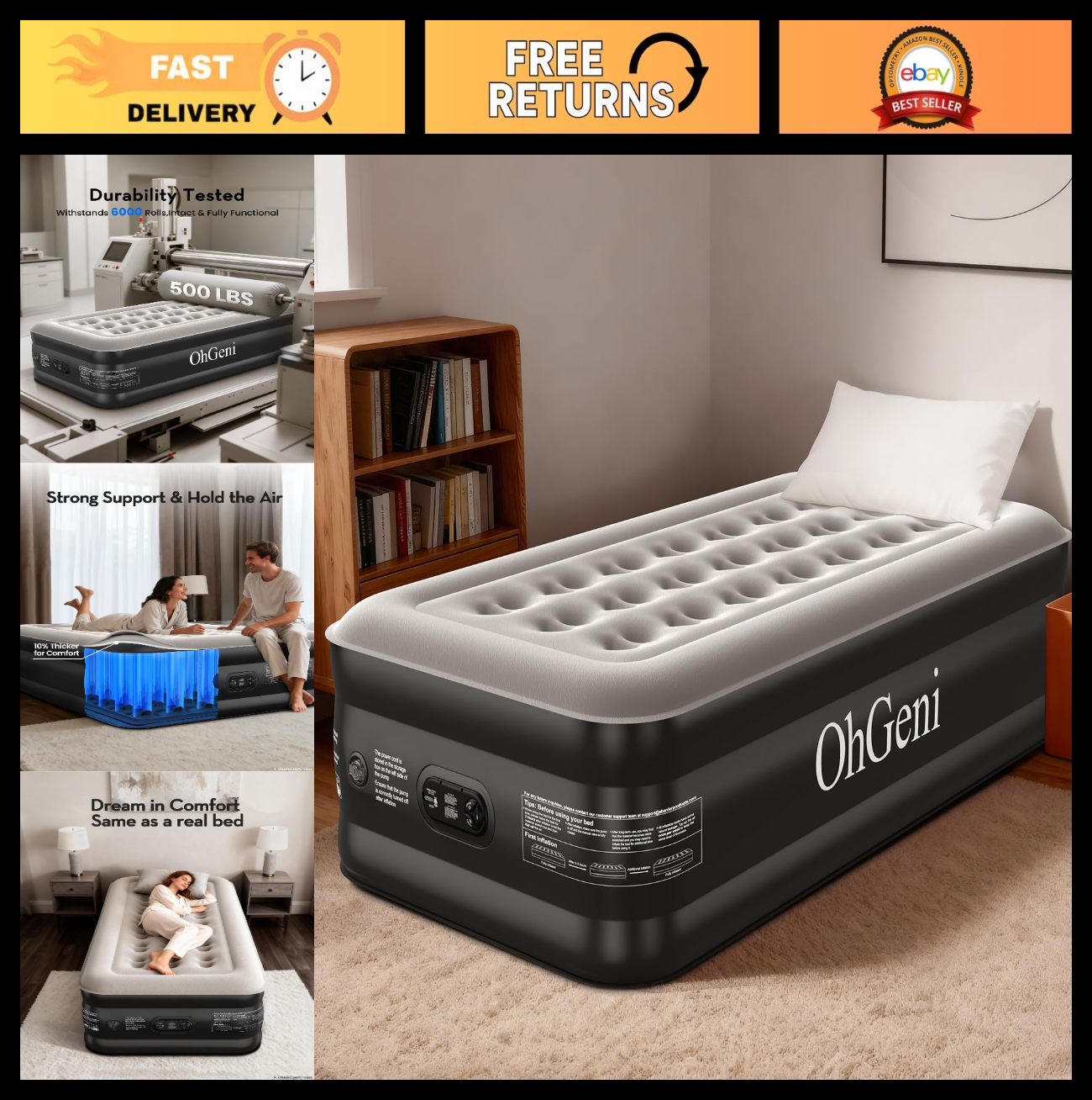 20" Raised Twin Air Mattress with Built in Pump, Inflatable Bed, 500lb Capacity,0