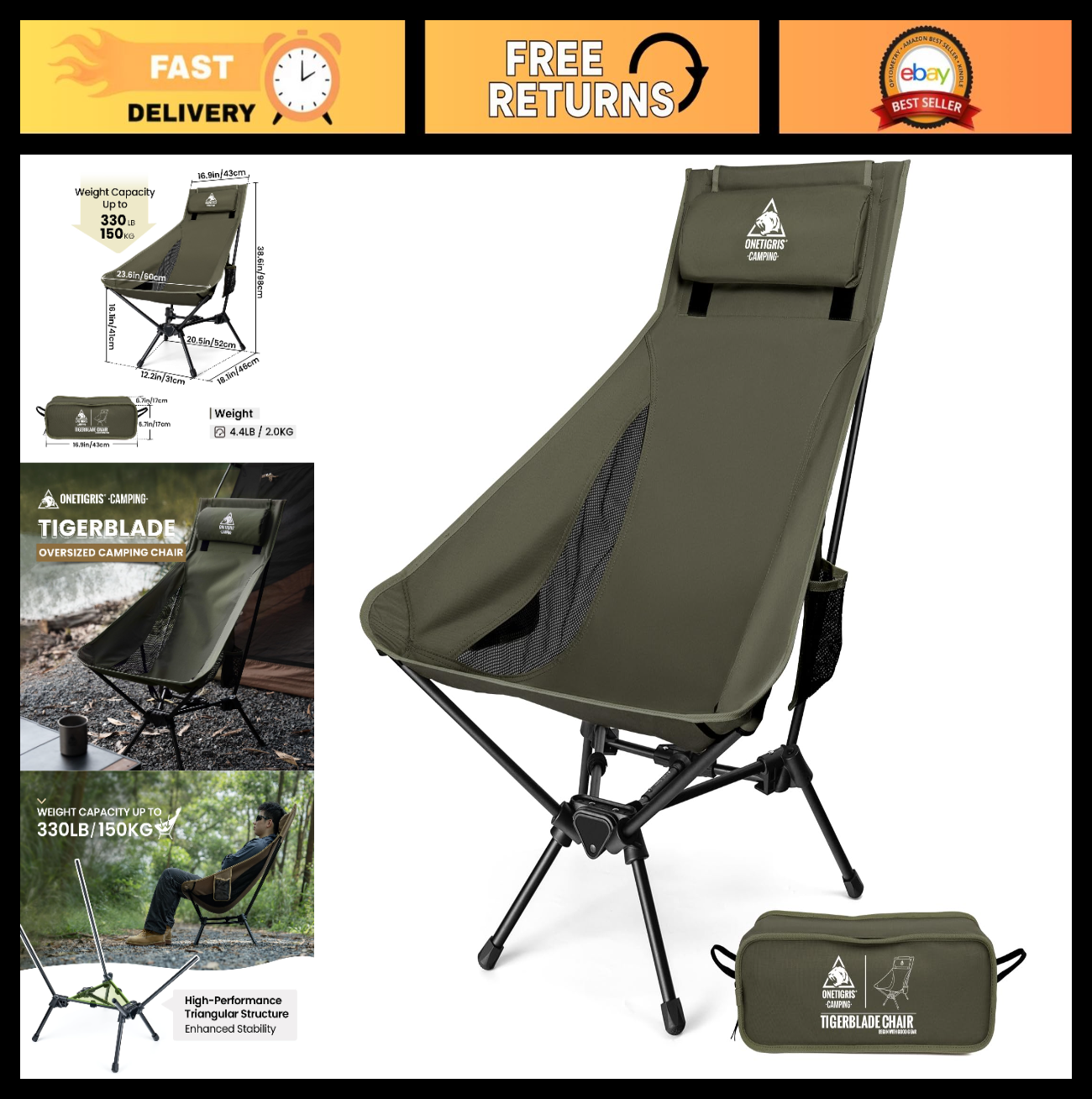 High Back Folding Camping Chair with Pillow - Comfortable Widened Seat, Portable0
