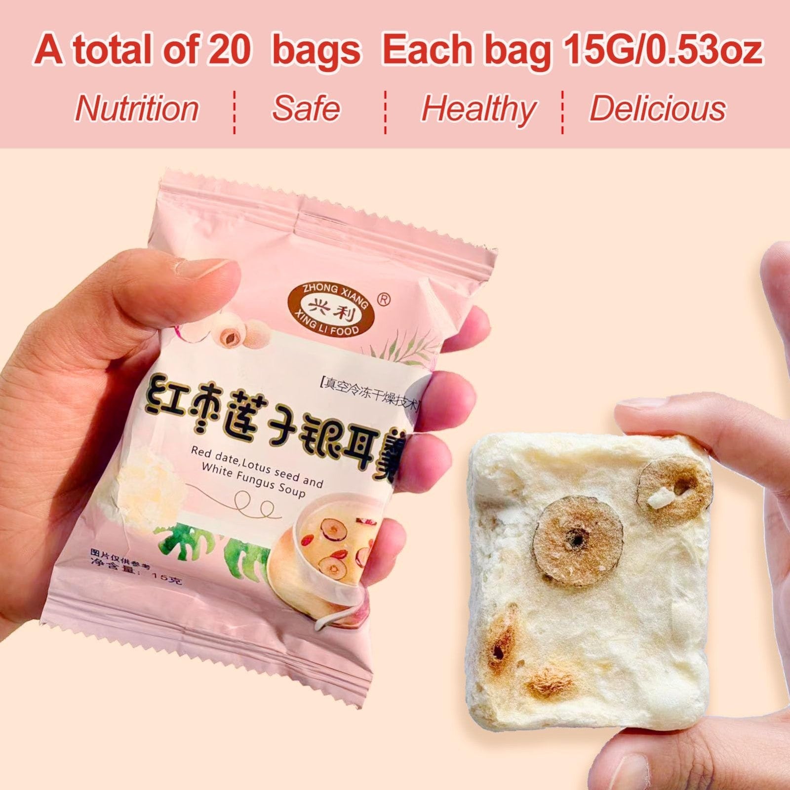 20 Bags Freeze-Dried White Fungus Soup with Goji Berries & Red Dates - Healthy D3