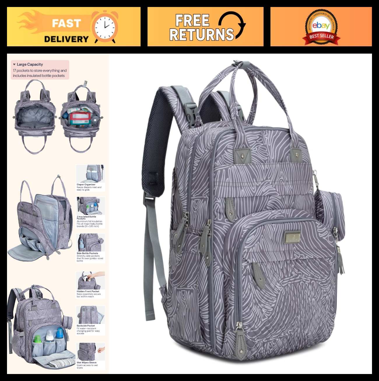 Multi Function Water Resistant Diaper Bag Backpack   Baby Travel Tote, Changing0