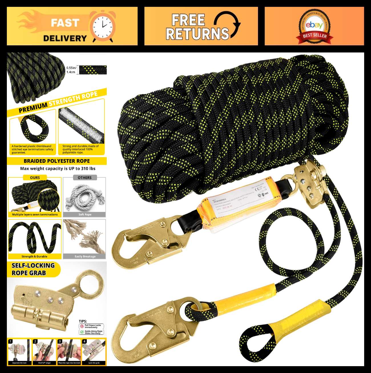 50ft Safety Rope Harness Lanyard for Roofing, Fall Protection, Heavy Duty, Secur0
