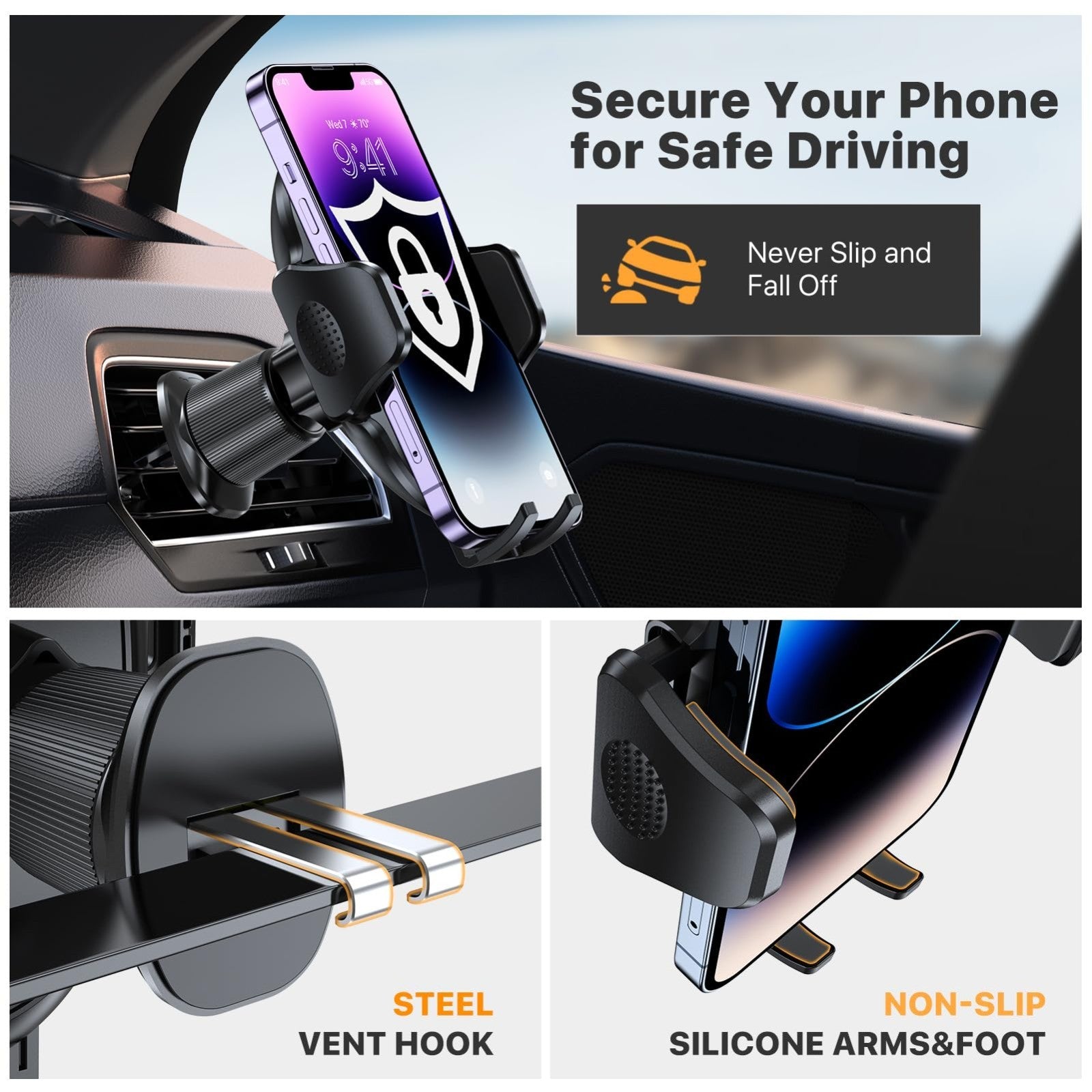 Universal Car Phone Holder with Metal Hook Clip, Air Vent Mount for iPhone & And3