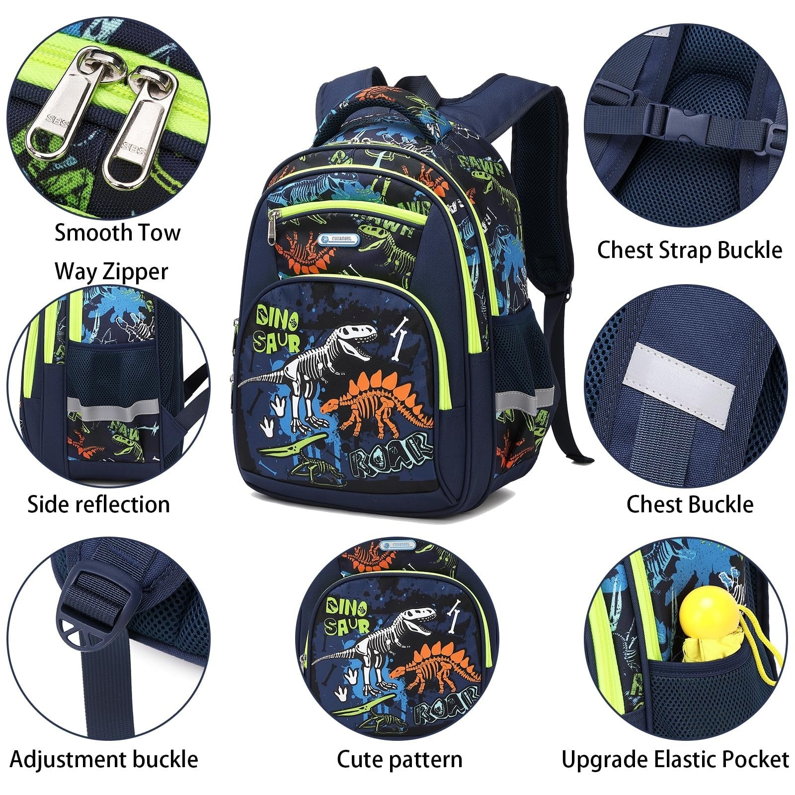 Large Kids Backpack for Boys 8 12, 17in School Bag, Durable Nylon, Dino Design6