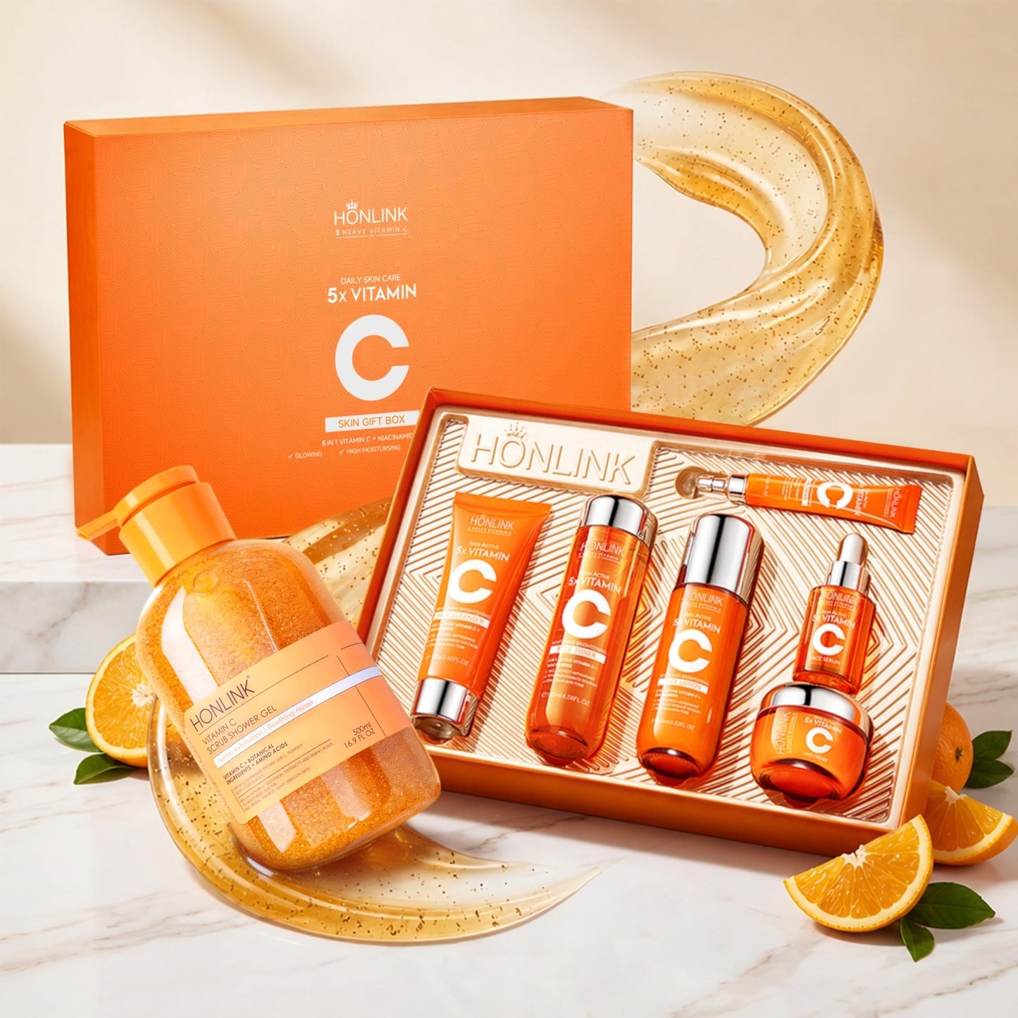 Vitamin C Skincare Gift Set for Women   Facial Care + Exfoliating Body Wash, Hyd1
