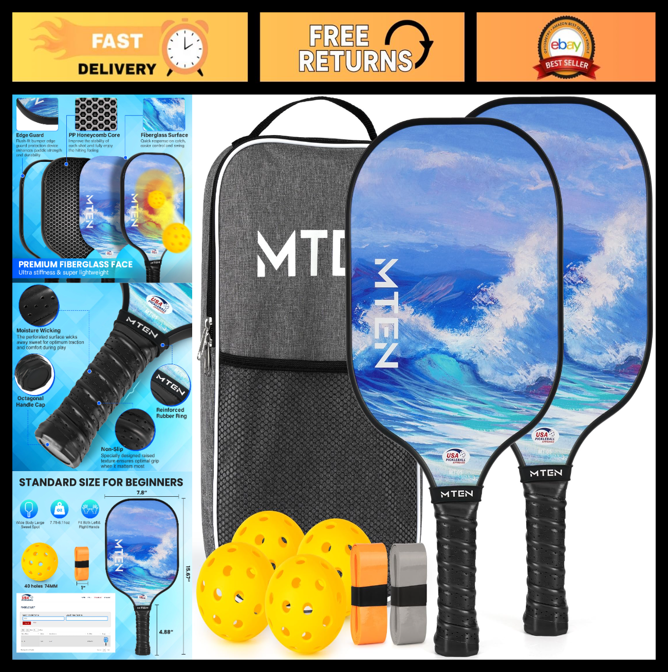 Pickleball Paddle Set of 2/4/1 - USAPA Approved Fiberglass Rackets, Lightweight0