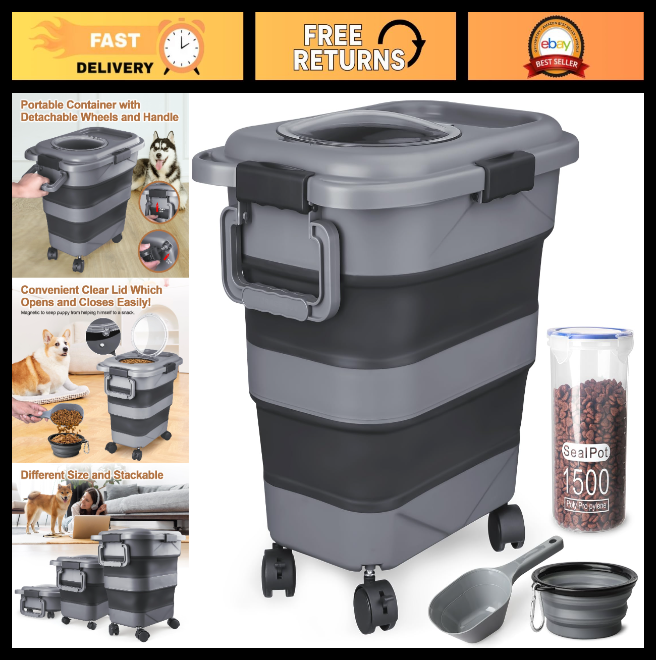 Airtight Dog & Cat Food Storage Container, 23 25 lbs, Collapsible with Wheels &0
