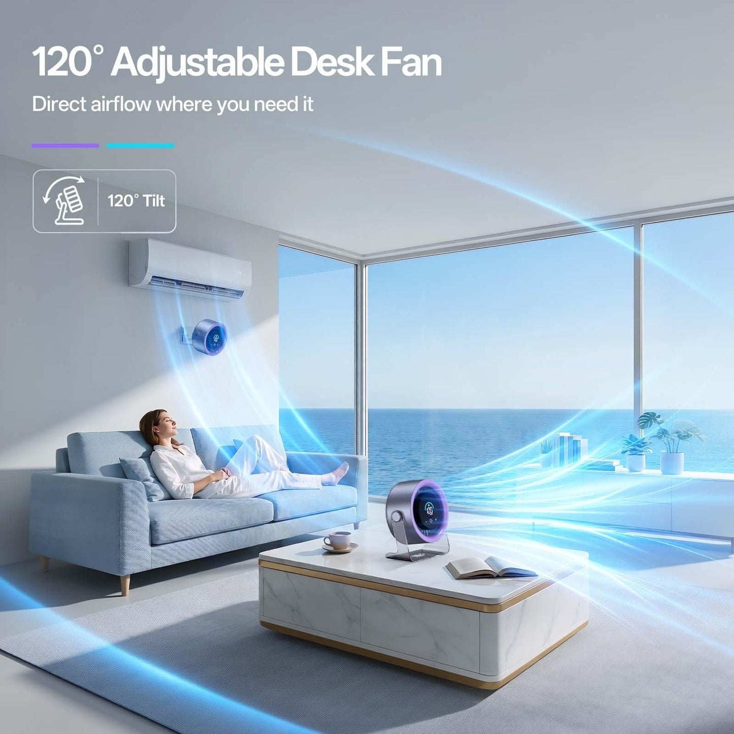 Quiet Portable USB Desk Fan   100 Speeds, Turbo Airflow, 120° Rotation, Recharge8