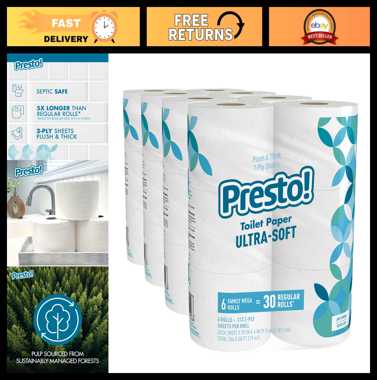Ultra Soft 2 Ply Toilet Paper, Septic Safe, 24 Mega Rolls = 120 Regular Rolls, U0