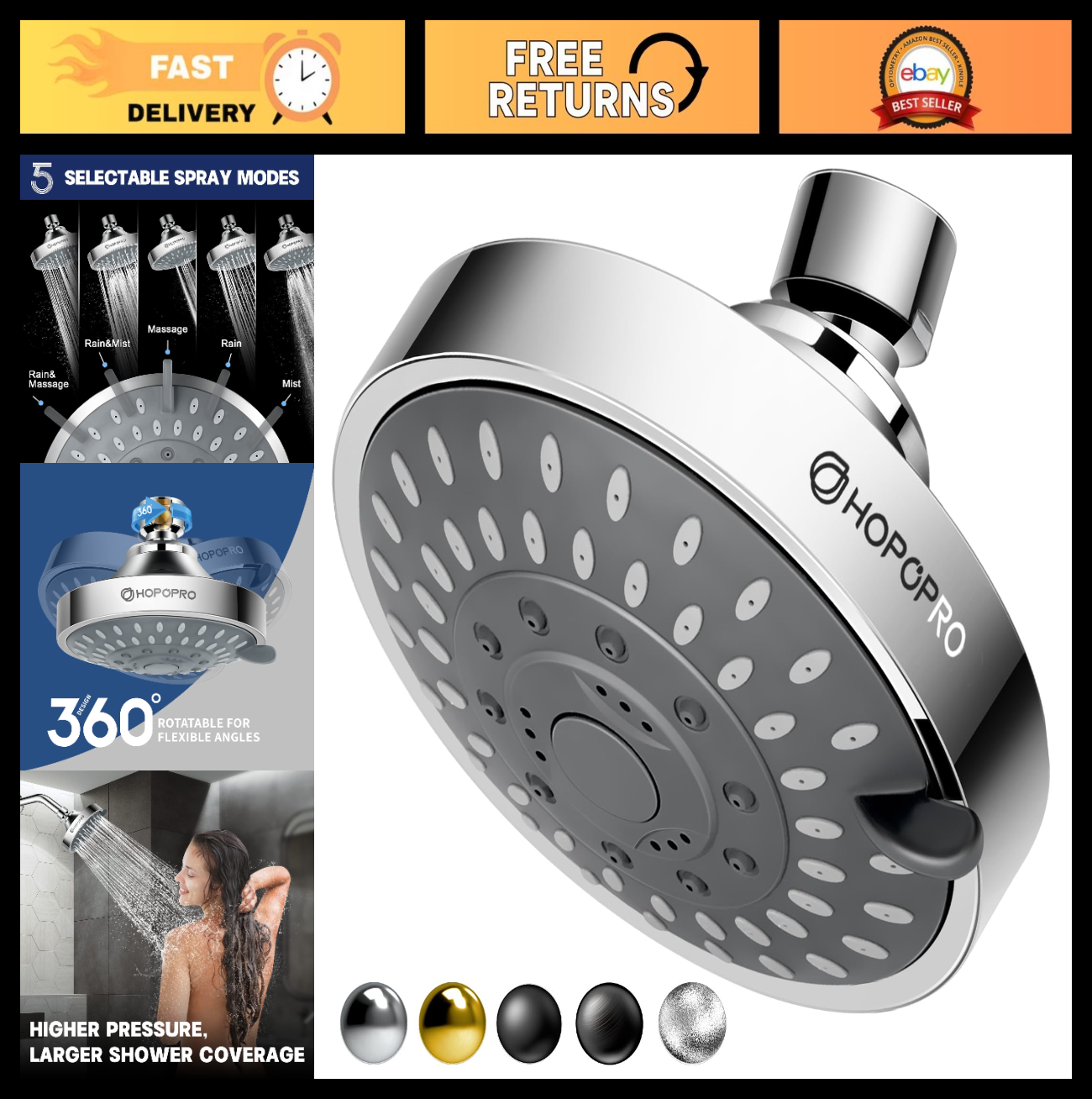 5 Mode High Pressure Shower Head, Fixed Chrome Showerhead, High Flow, Easy Insta0