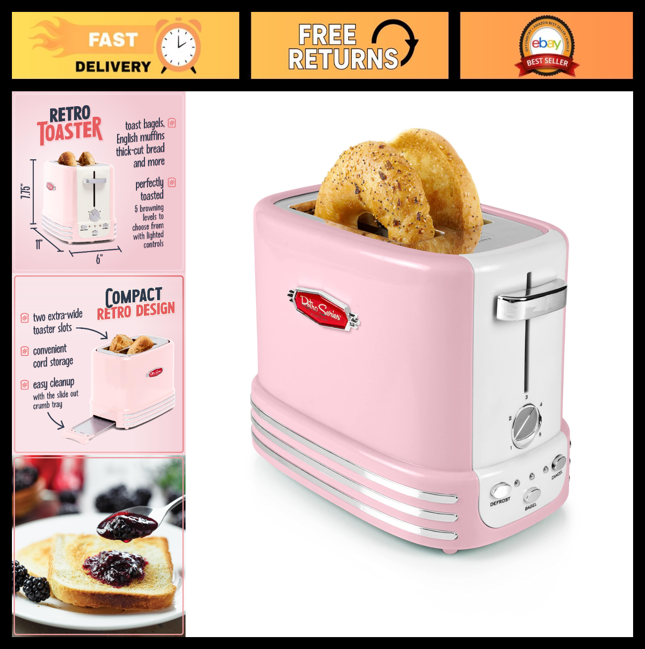 Vintage Retro 2 Slice Toaster   Wide Slots, Crumb Tray, 5 Toasting Levels, Pink0