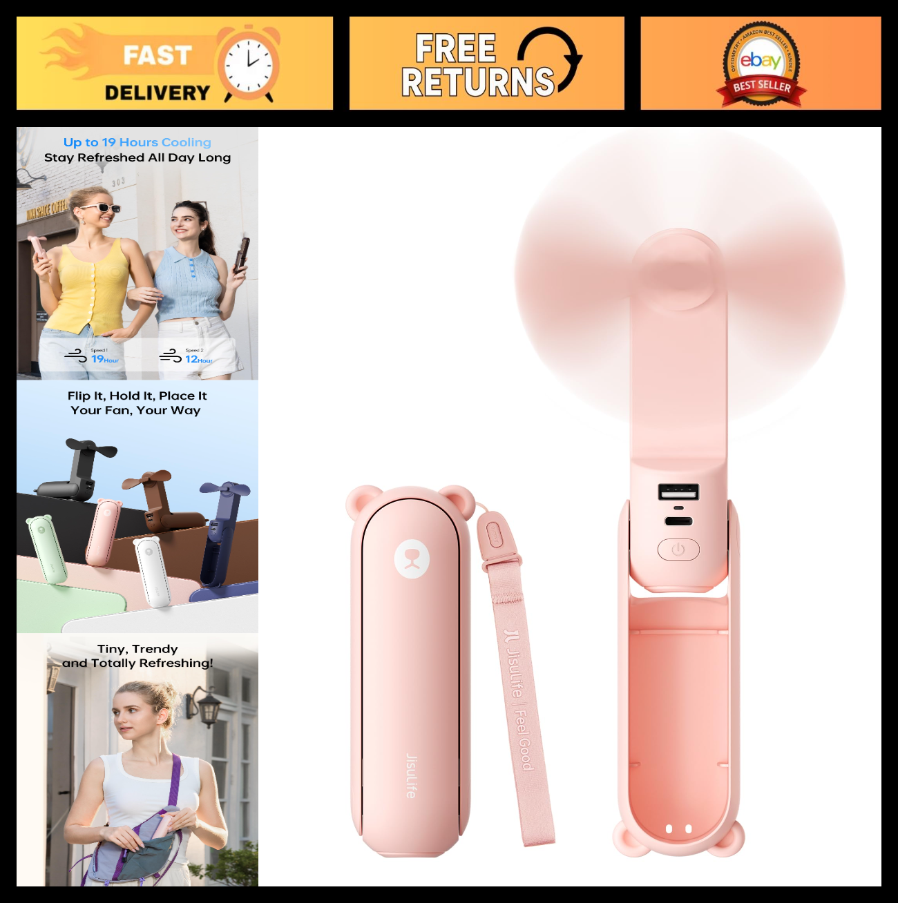 3 in 1 Portable Fan with Power Bank & Flashlight | 19H Cooling, USB Rechargeable0