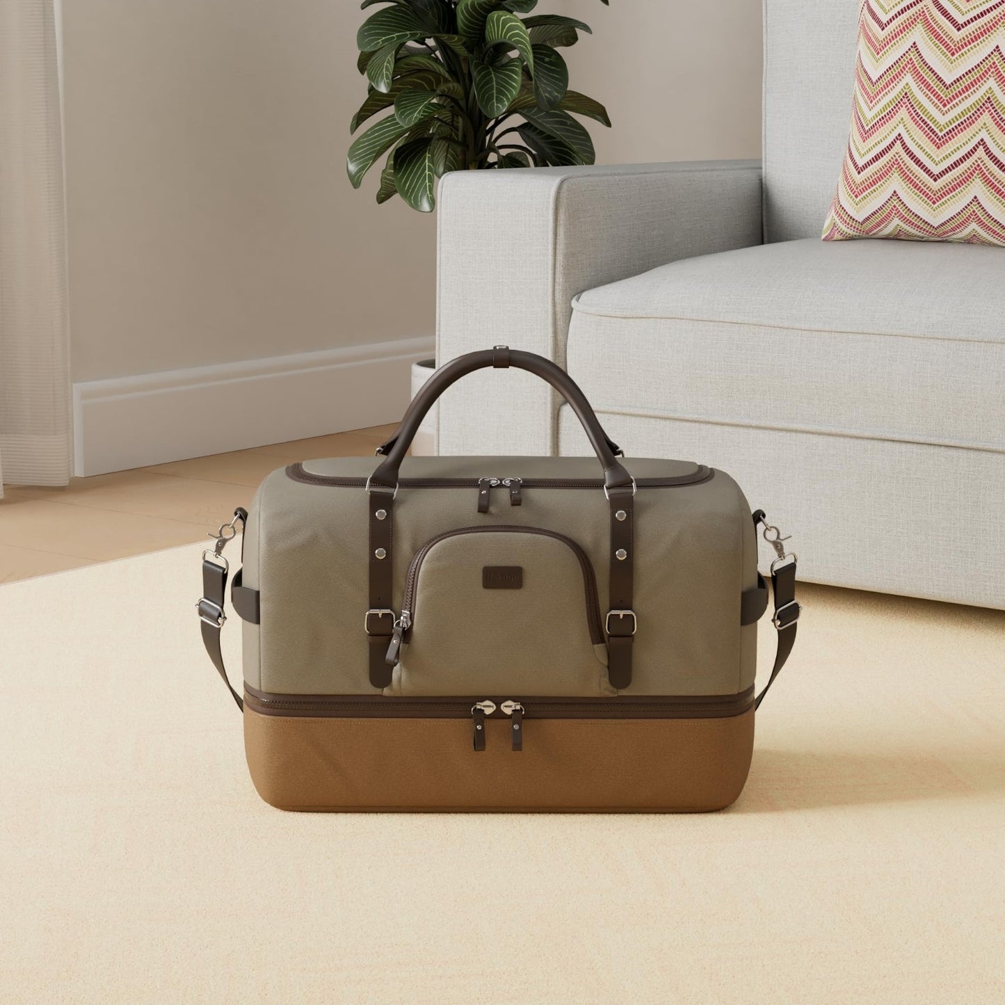 Large Green Weekender Duffel Bag with Shoe Compartment & Leather Accents2