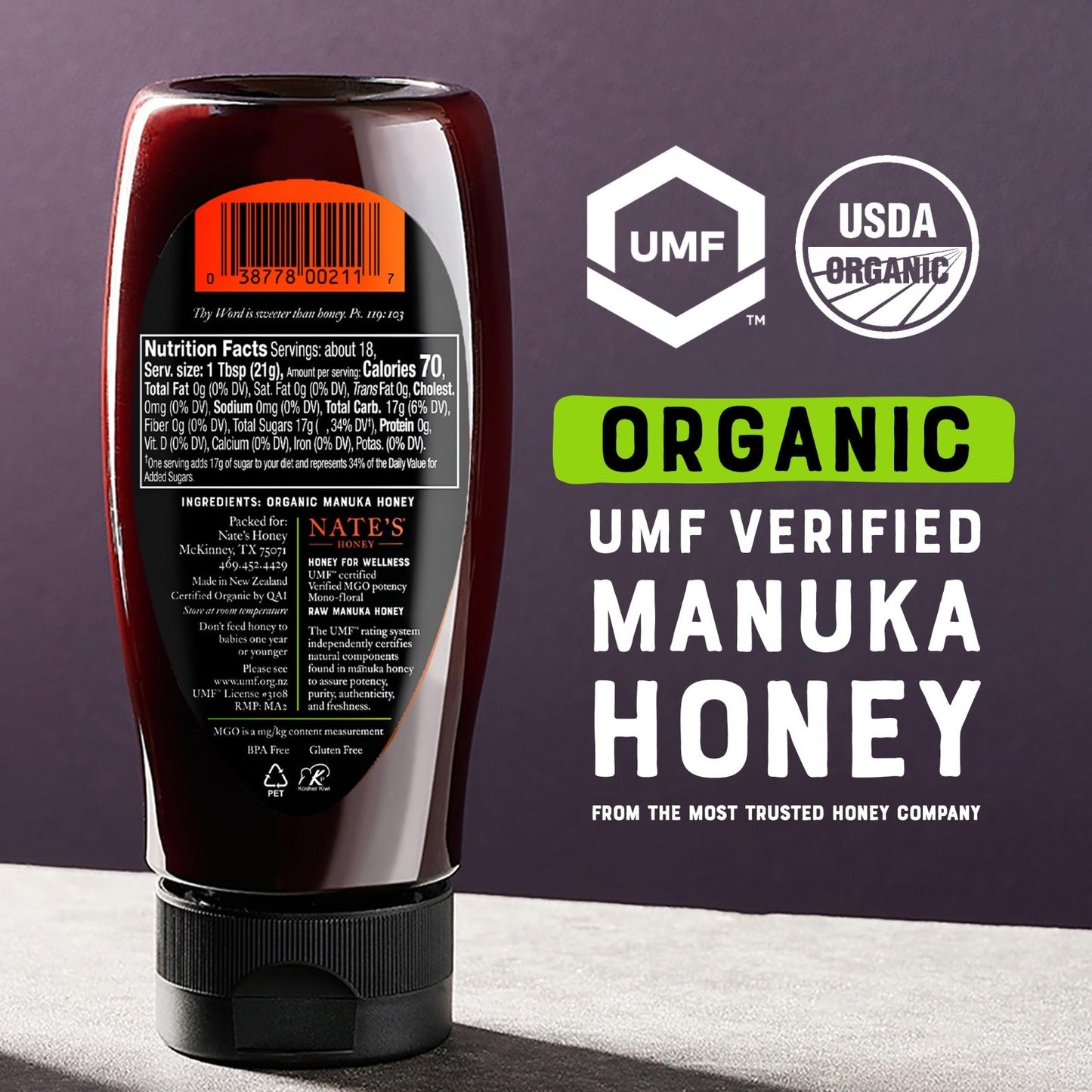 Organic Manuka Honey 13.2 oz Squeeze Bottle | MGO 300+ UMF 11+ USDA Certified5