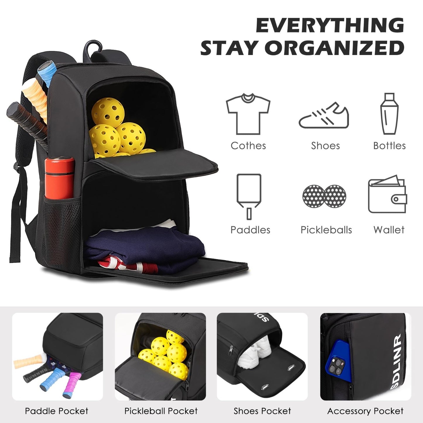 Large Pickleball Backpack Bag for 4+ Paddles | Water-Resistant, Shoe Compartment2