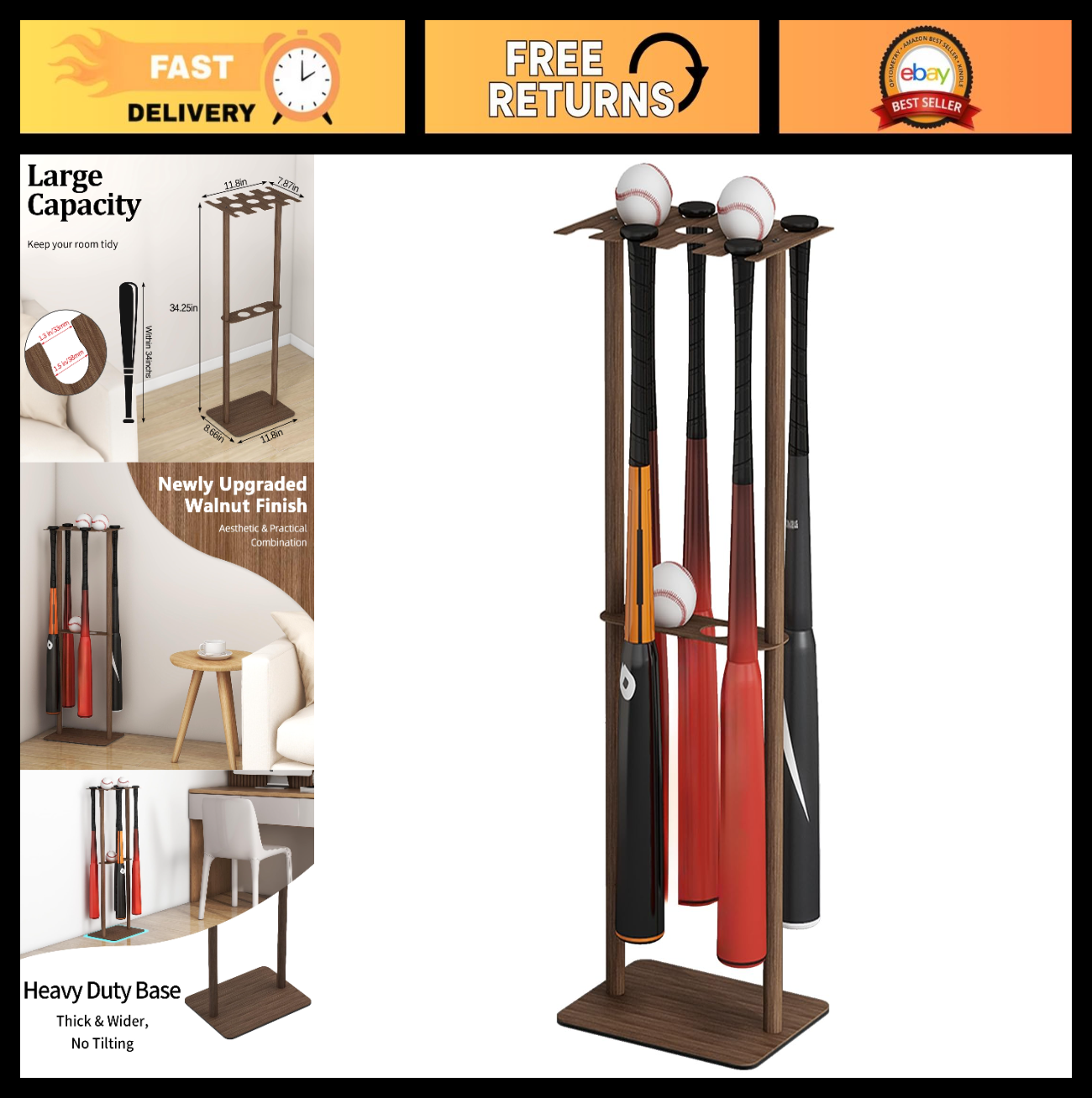 Deep Walnut Baseball Bat Holder Stand   Free Standing Metal Display for 8 Bats &0