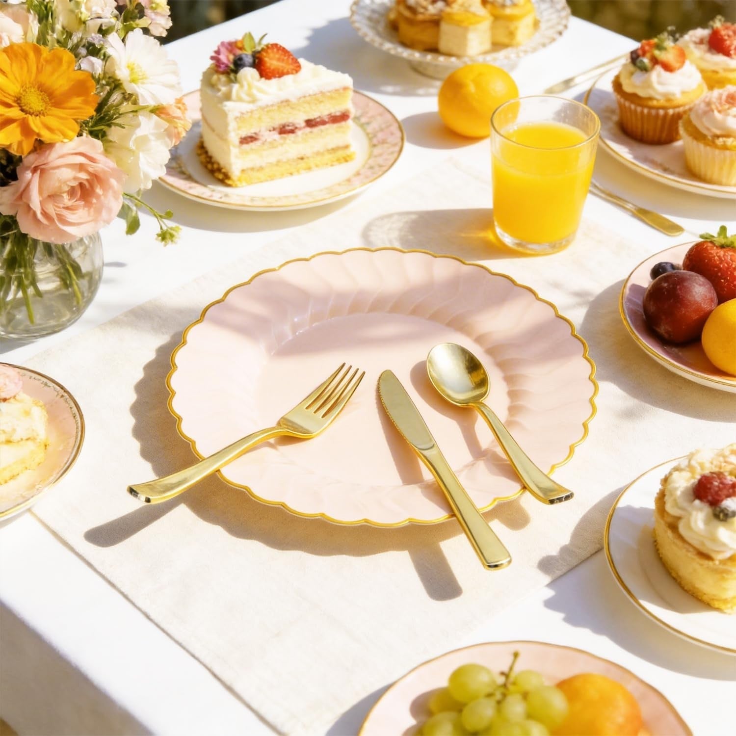 125pcs Pink Scalloped Disposable Plates & Gold Silverware for Party, Baby Shower2