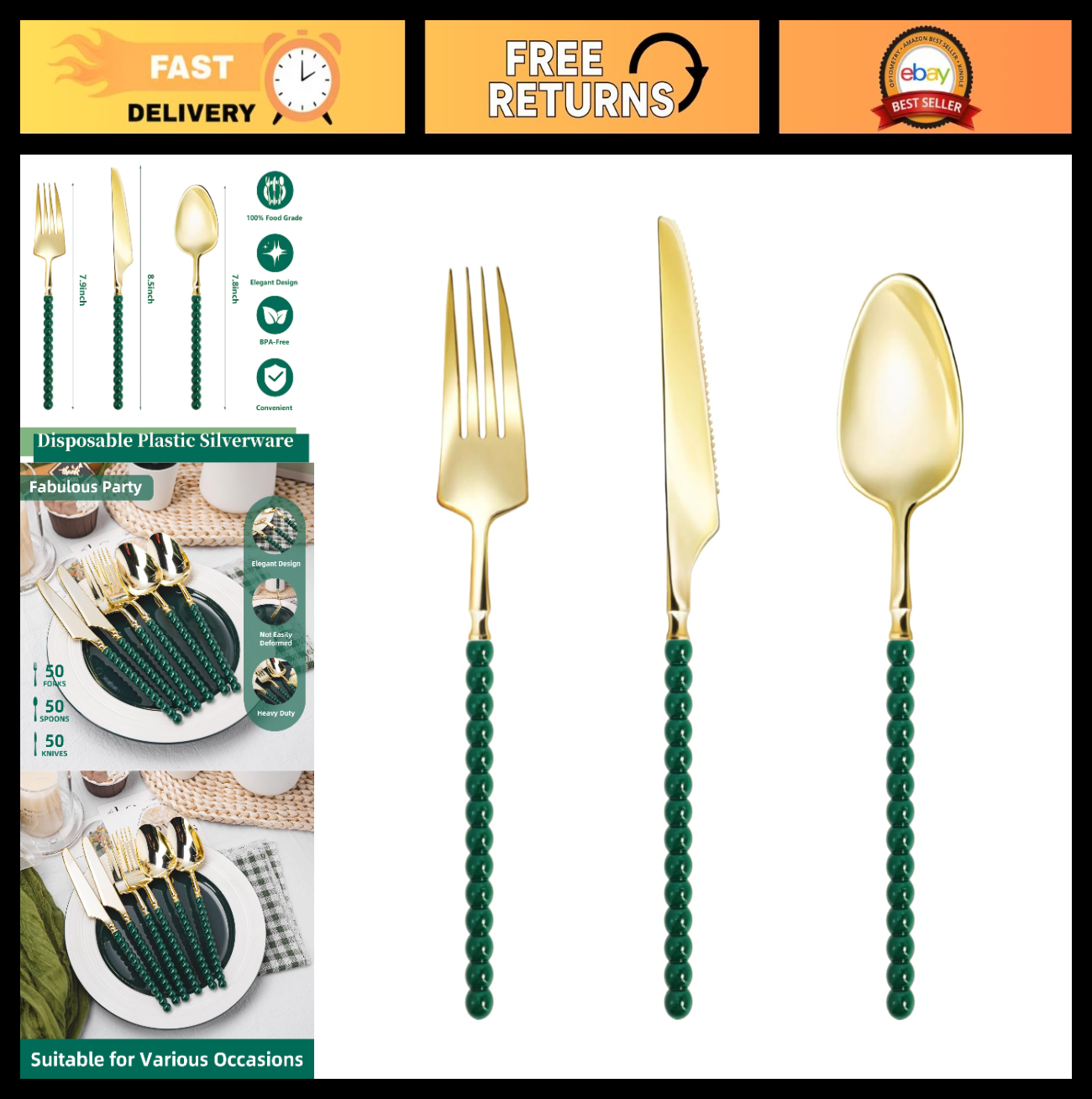 150 Pcs Gold Plastic Cutlery Set | Fancy Disposable Utensils with Green Beads, 50