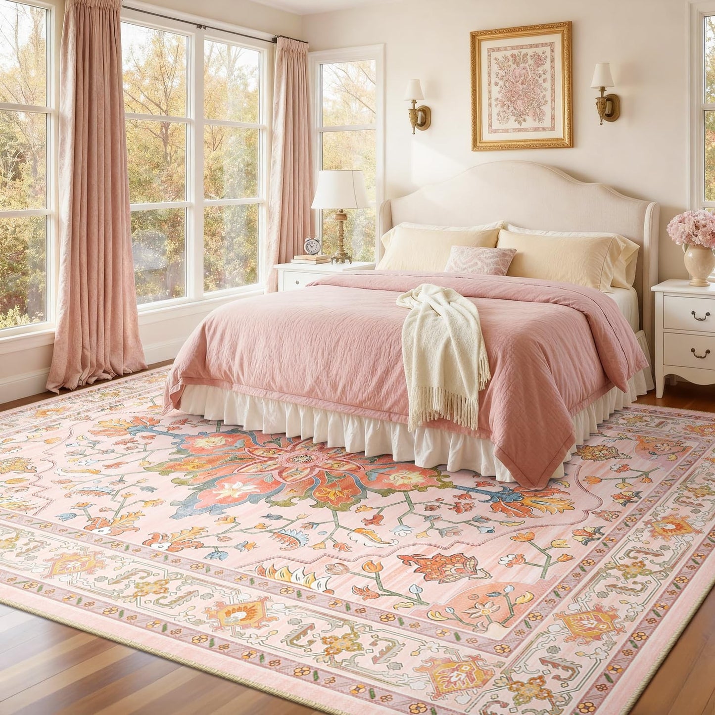 Washable 8'x10' Area Rug   Non Slip, Water Repellent, Pet Friendly, Vintage Flor1