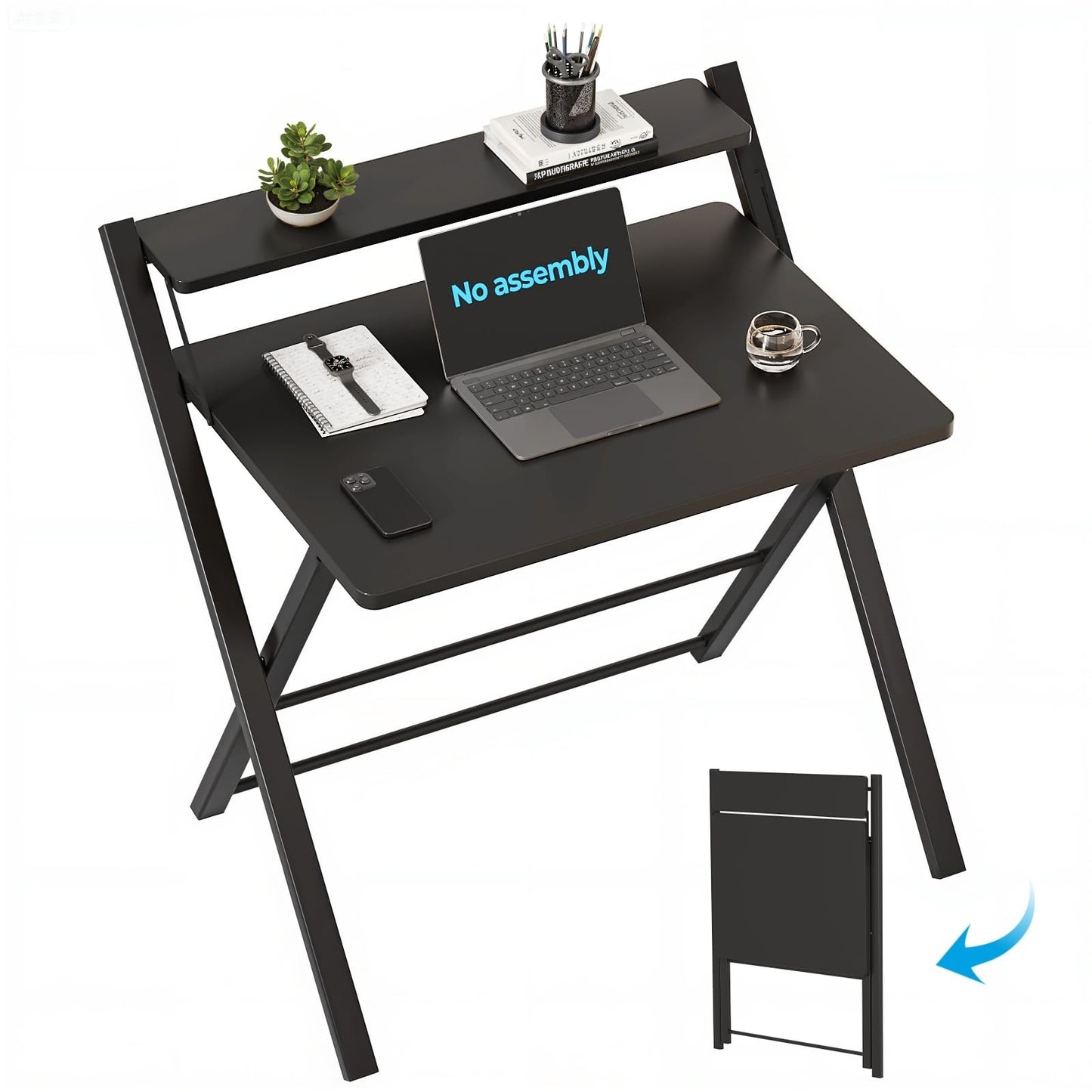 Compact Folding Desk with Shelf - Space Saving Laptop Table for Home Office & Do1