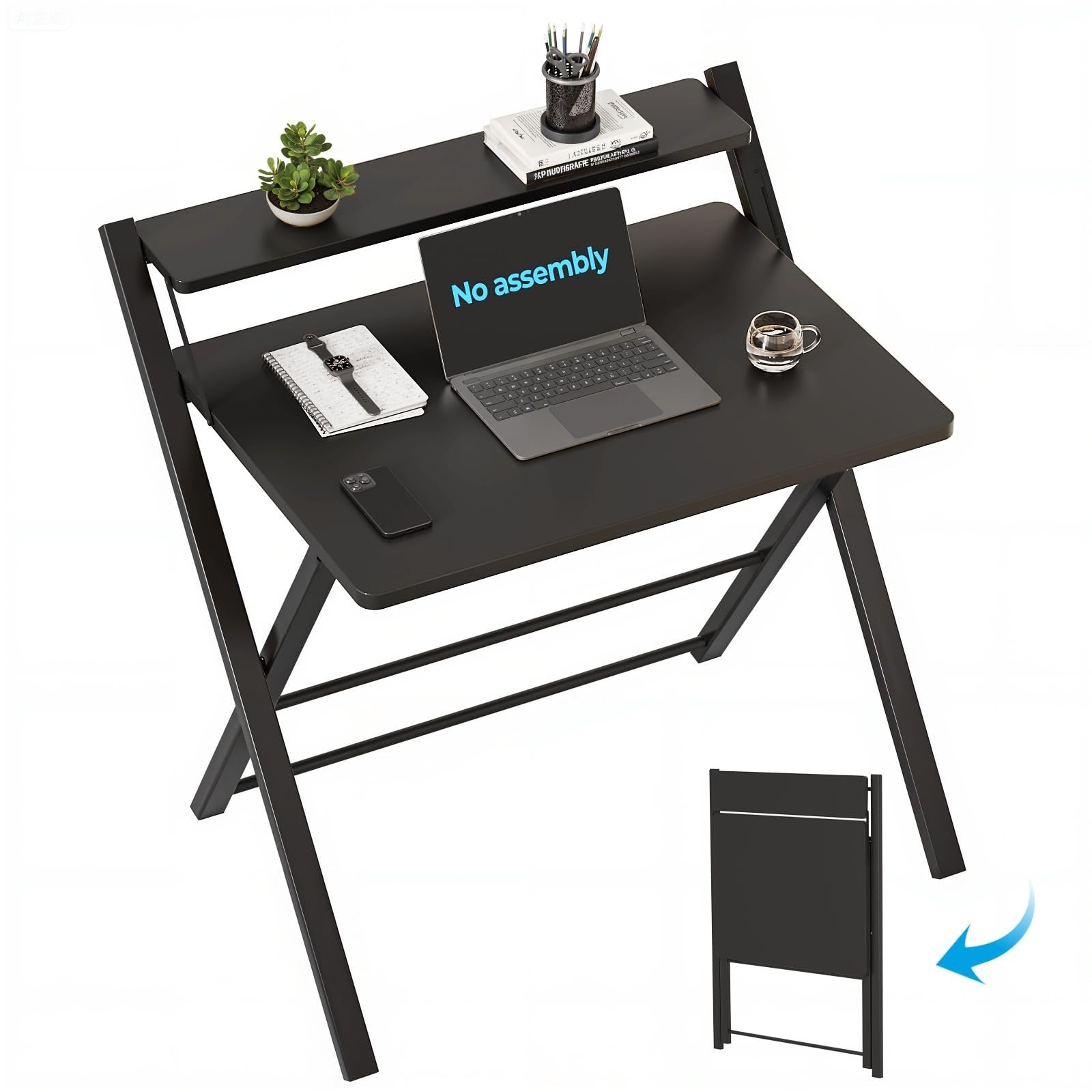 Compact Folding Desk with Shelf - Space Saving Laptop Table for Home Office & Do1