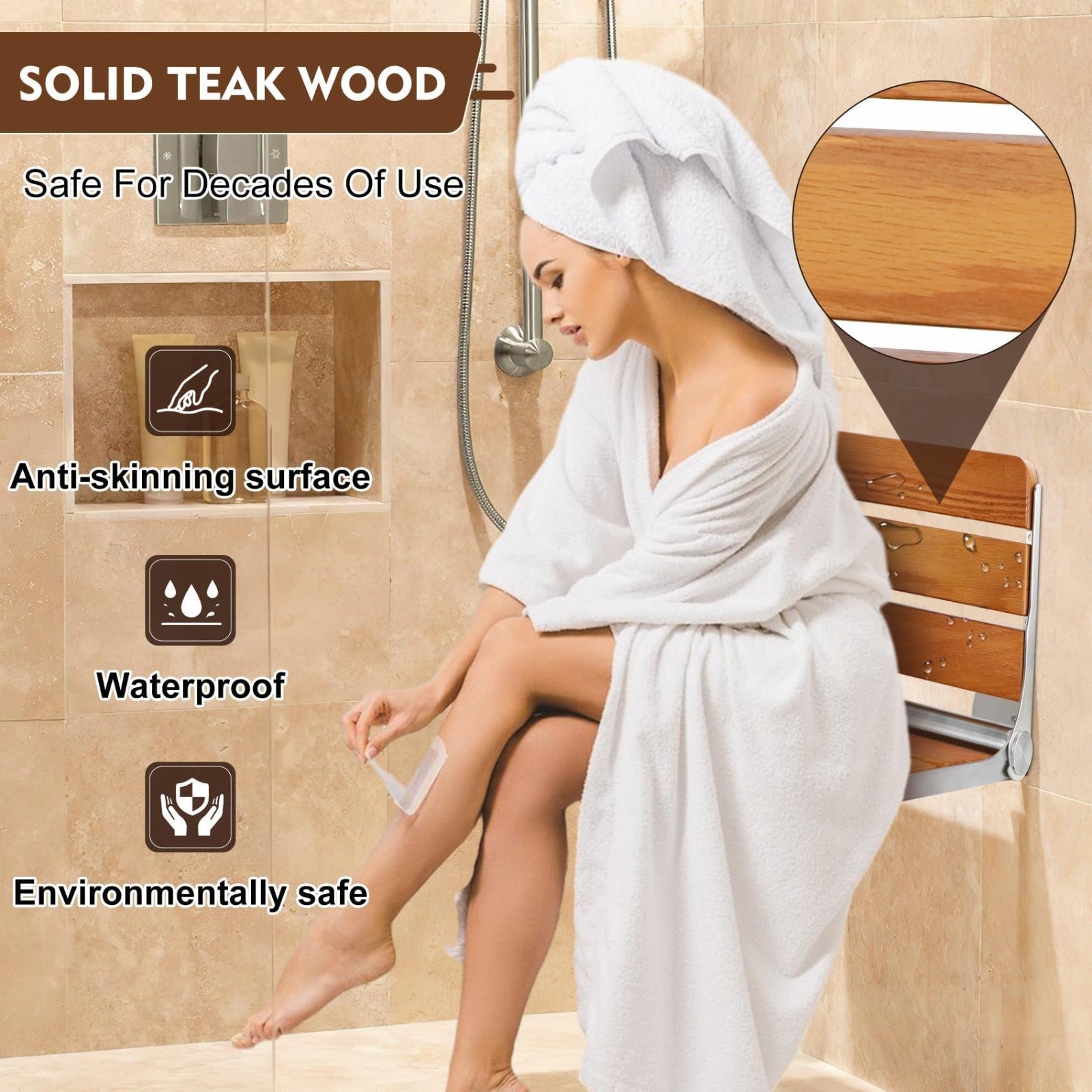 18" Teak Folding Shower Seat   Heavy Duty Wall Mounted Bench, Space Saving Spa C3
