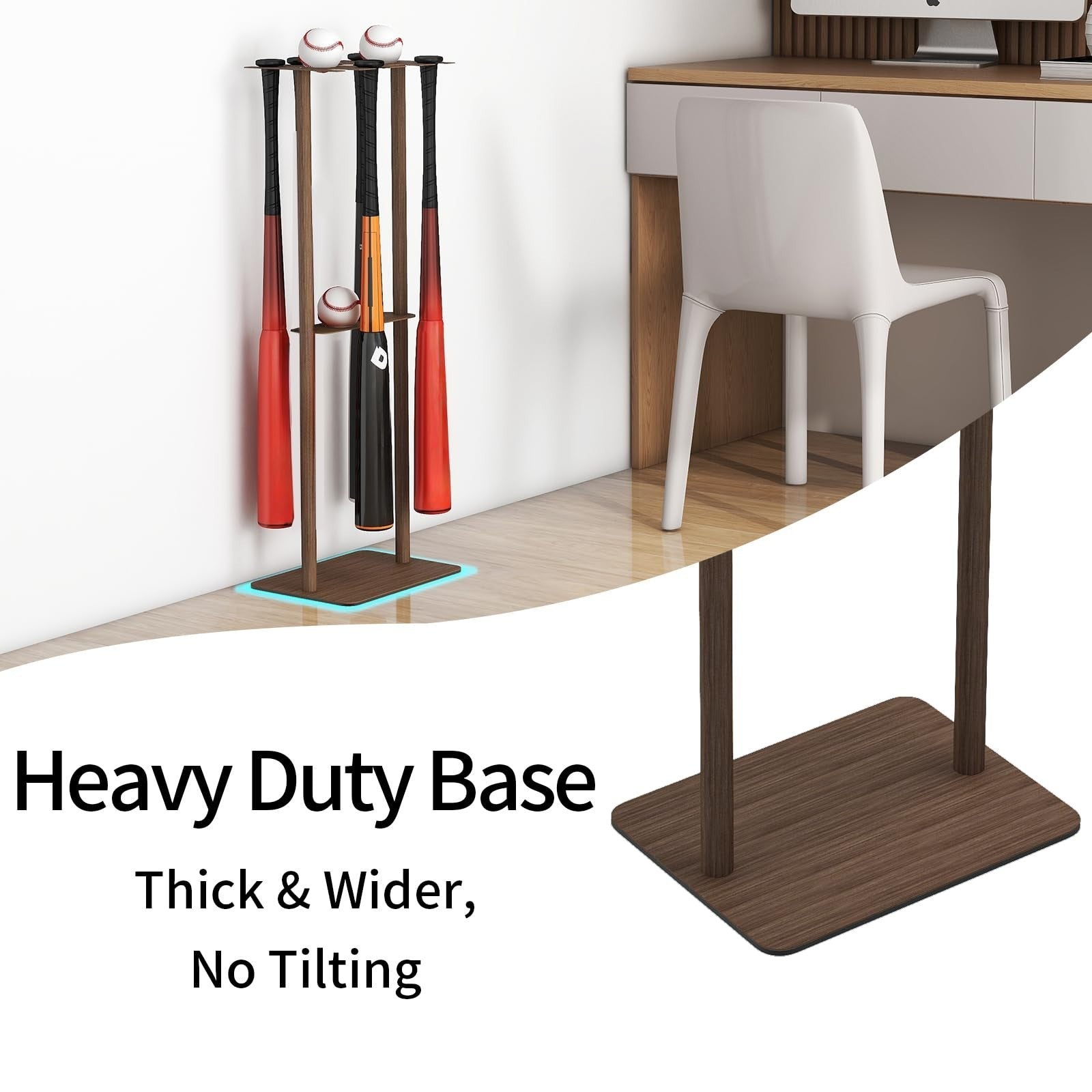 Deep Walnut Baseball Bat Holder Stand   Free Standing Metal Display for 8 Bats &4