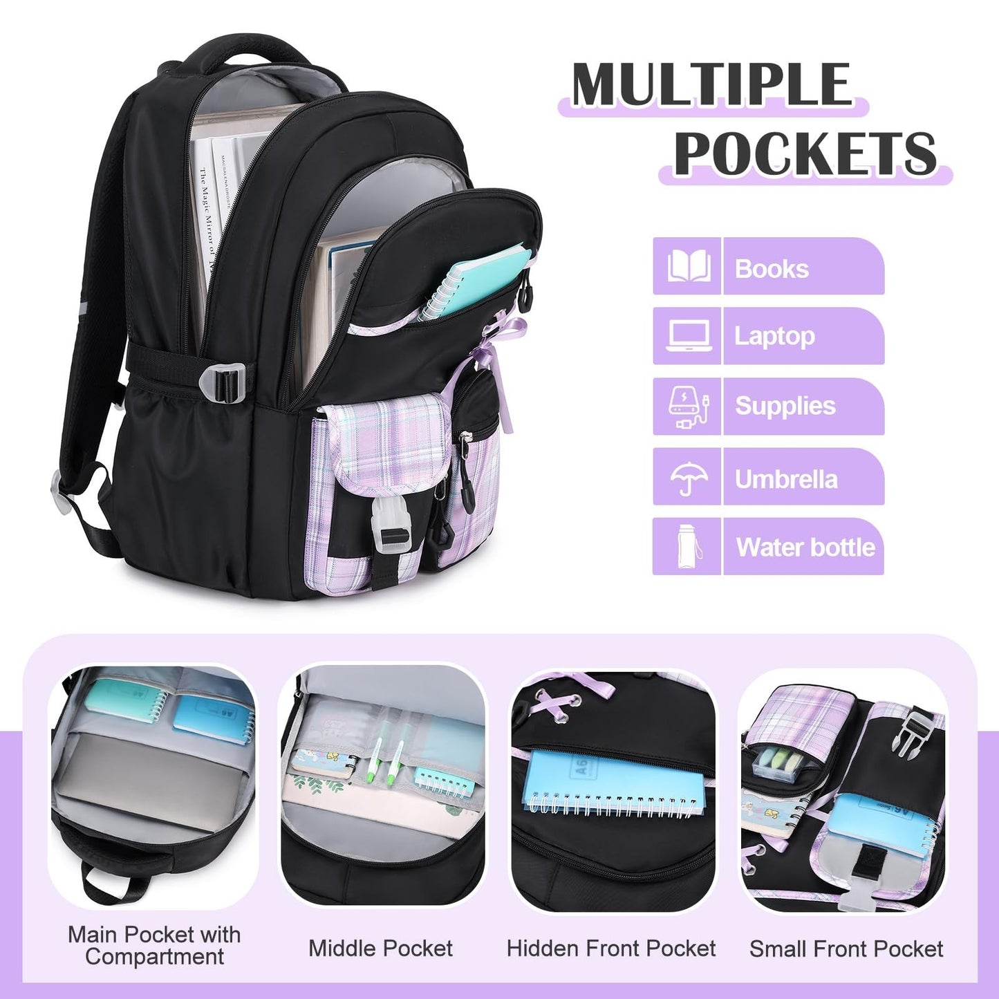 Girls Backpack Set 9PCS with Lunch Bag, Pencil Case, Bento Box & Water Bottle  7