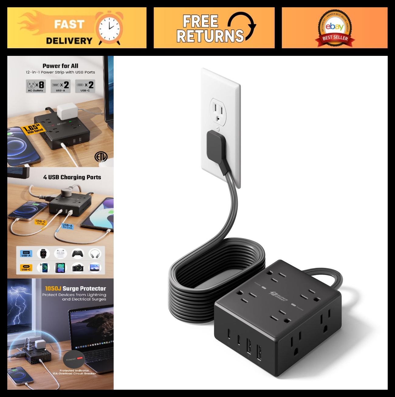 10FT Flat Plug Extension Cord with Surge Protector Power Strip   6 Outlets0