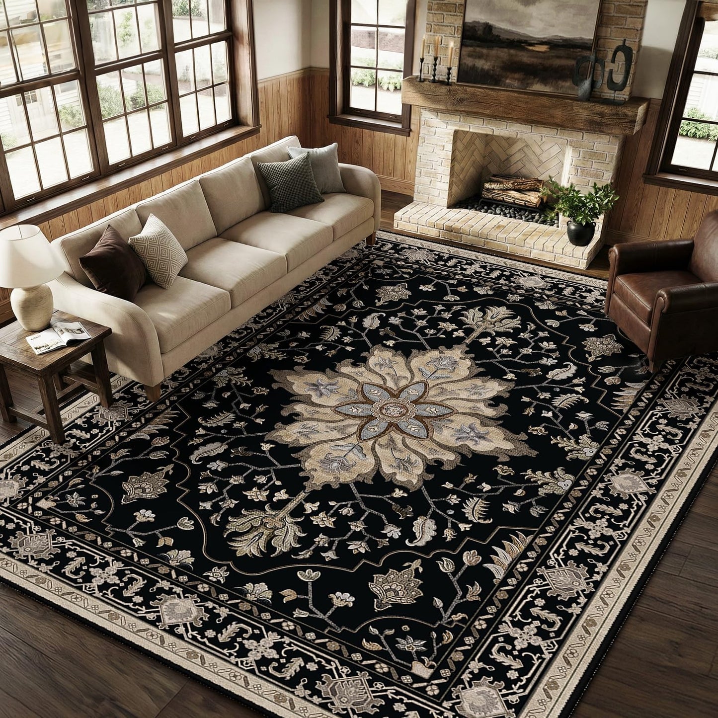 Washable 8'x10' Area Rug   Non Slip, Water Repellent, Pet Friendly, Vintage Flor0