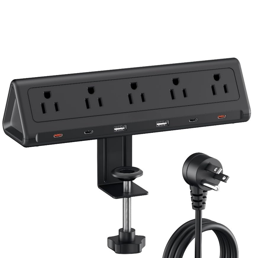 10FT Desk Clamp Power Strip, 5 AC Outlets, 6 USB Ports, PD 40W Fast Charging, Bl1