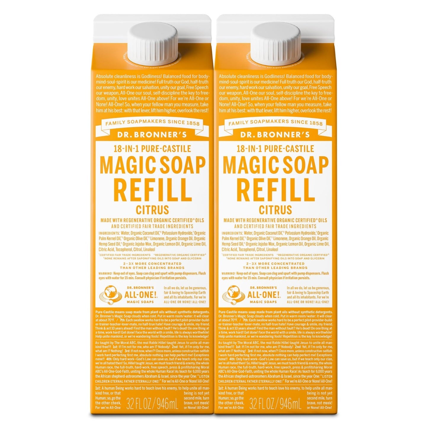 Pure Castile Liquid Soap Refill 32oz 2-Pack - Citrus Scent, Vegan, Organic, Mult1
