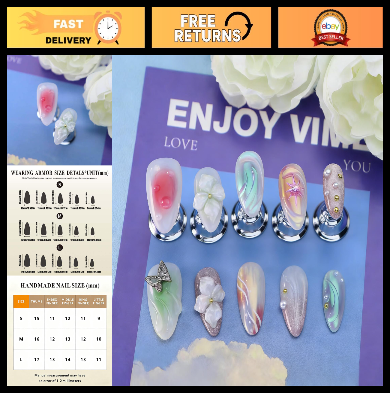 3D Floral Press-On Nails Medium Almond - Handcrafted Aurora Ombre Butterfly Desi0