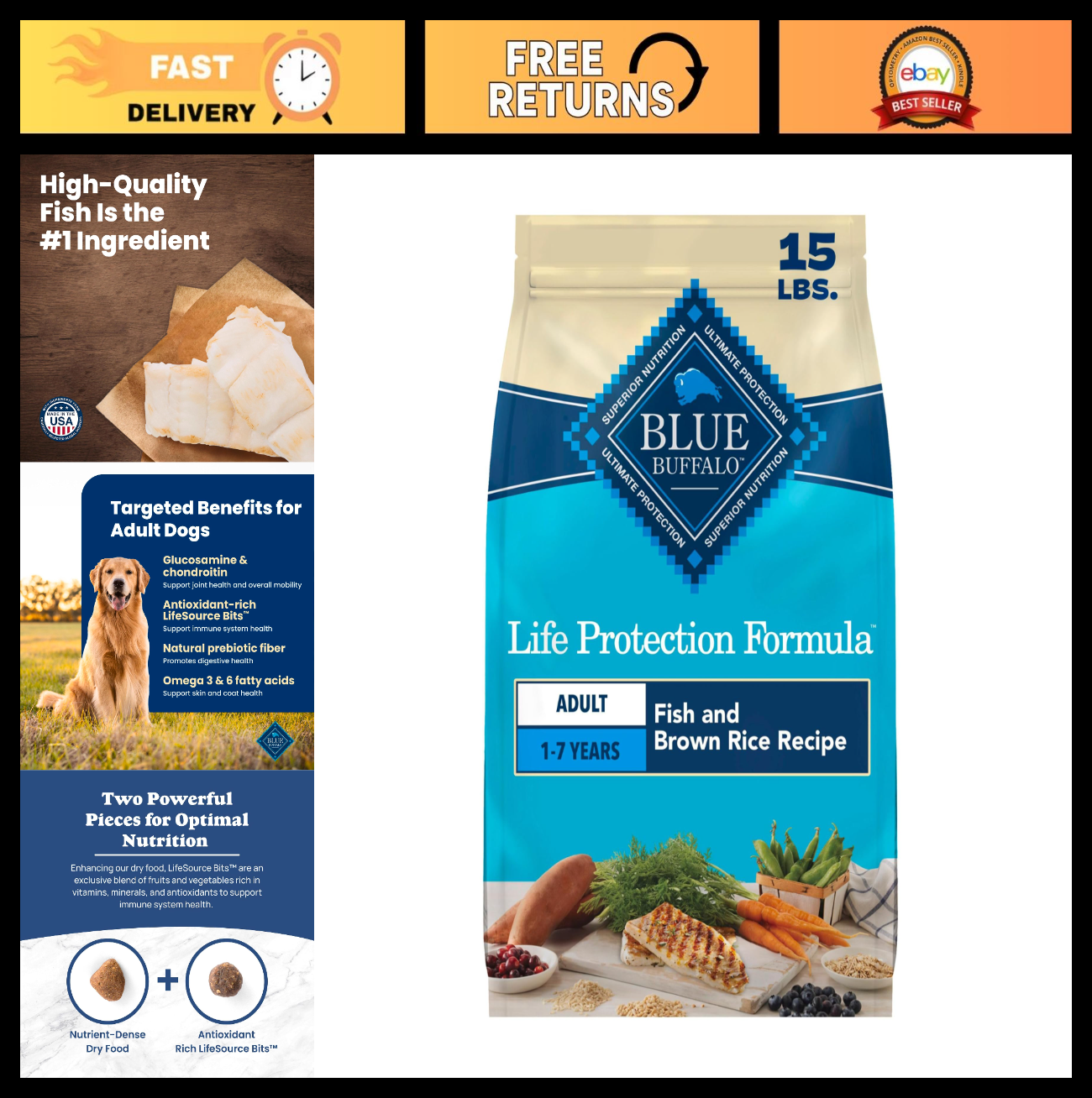 Premium Fish Recipe Adult Dry Dog Food   15 lb, Life Protection Formula, Healthy0