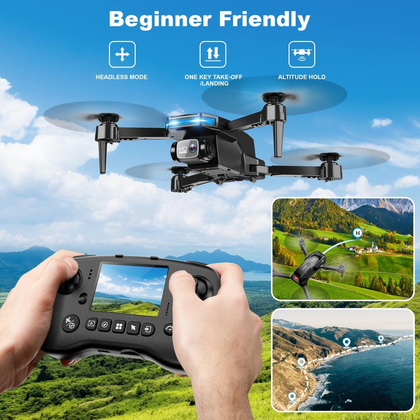 Foldable Drone with Camera & Screen - Beginner-Friendly Quadcopter, Gesture Cont3