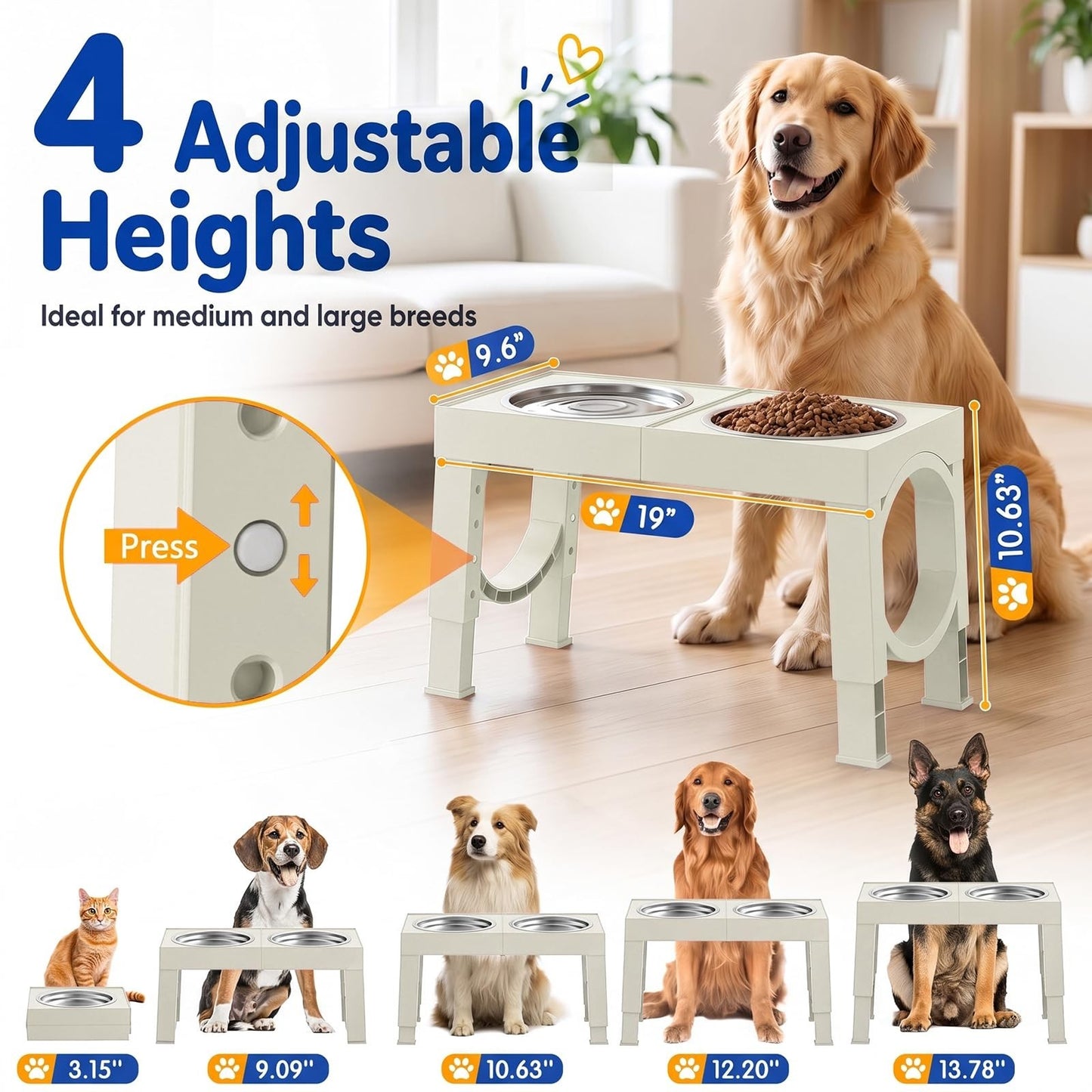 Elevated Dog Bowls for Large Breeds   Adjustable Height Stainless Steel Feeder S2
