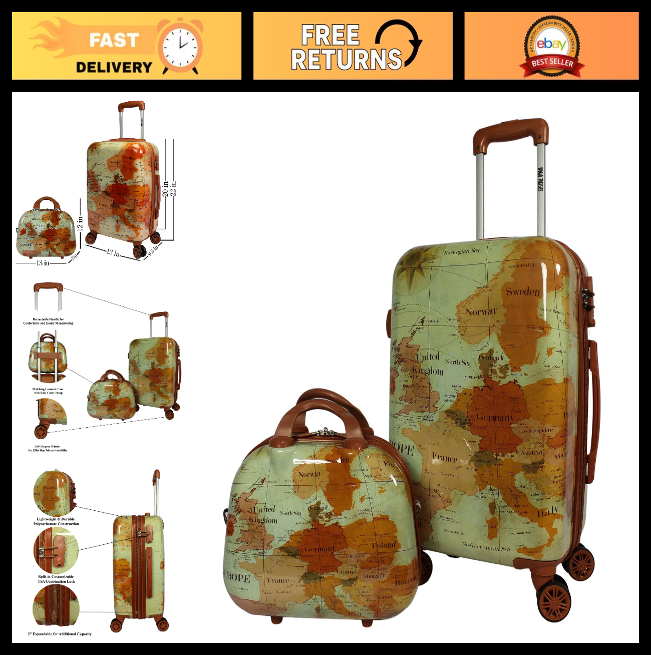 Expandable 2-Piece Carry-On Spinner Luggage Set with TSA Lock for Travel0