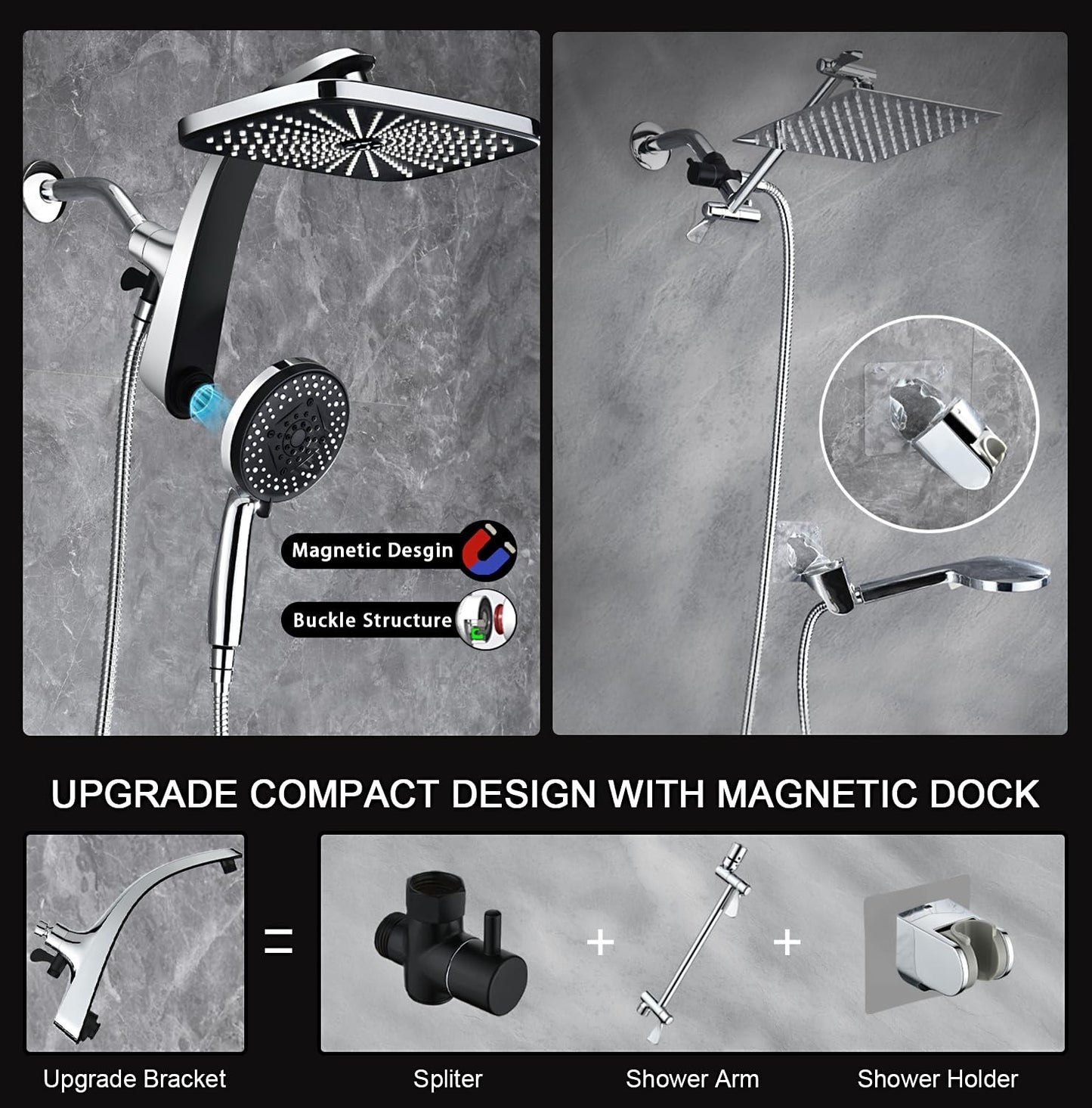 12" High Pressure Rain Shower Head & Handheld Combo, 9 Spray Settings, Chrome5