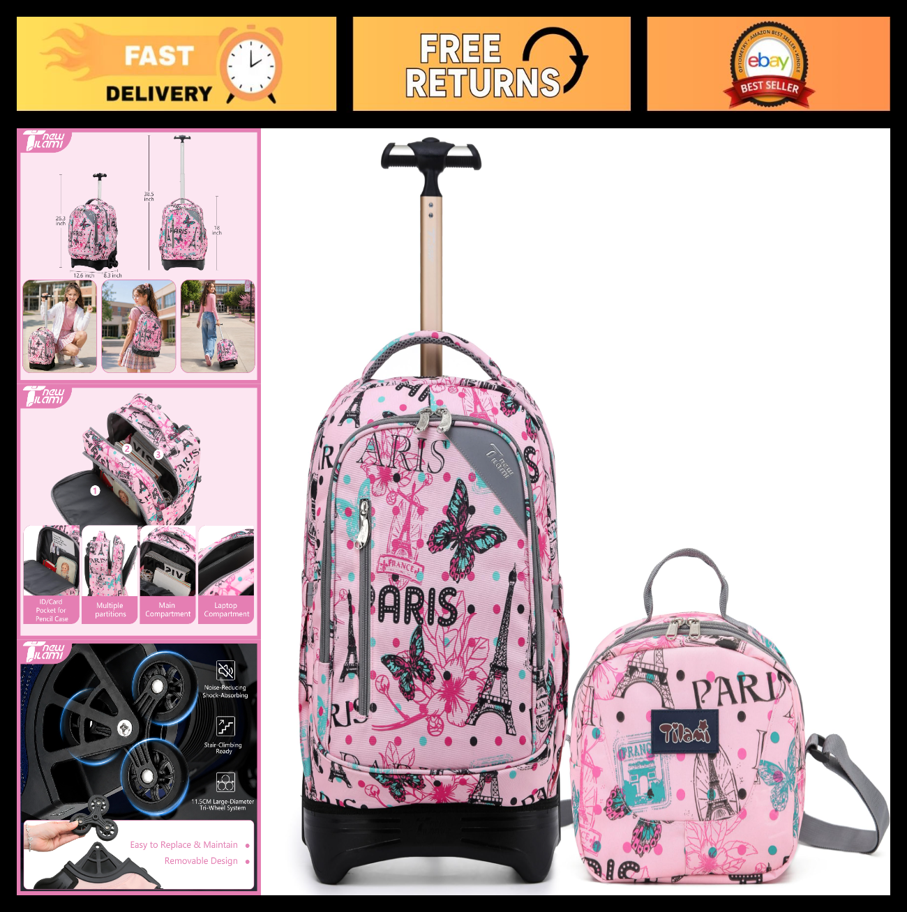 18 Inch Rolling Backpack with Lunch Bag for Kids   School Travel, Durable & Styl0