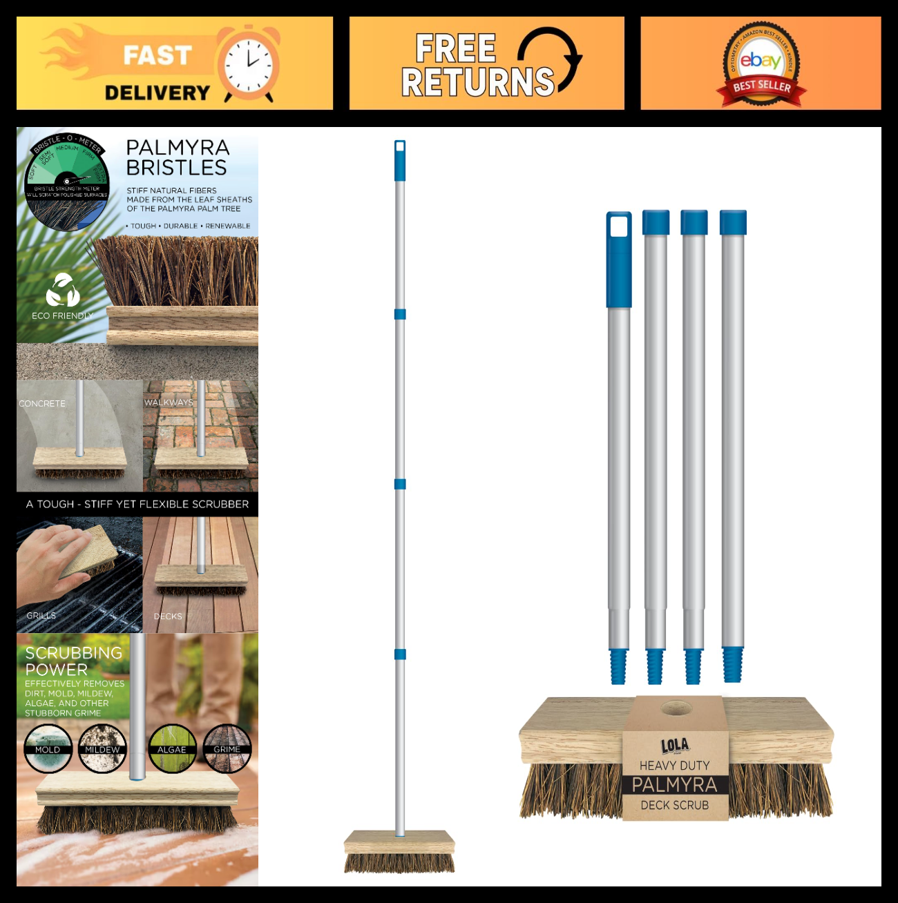 9" x 3.5" Deck Scrub Brush with Palmyra Bristles for Outdoor Cleaning - Removes0