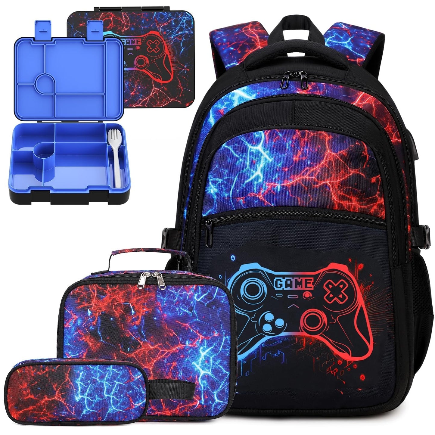Cool Luminous Gamer Backpack Set for Boys   6PCS with Lunch Bag & Pencil Case, S1