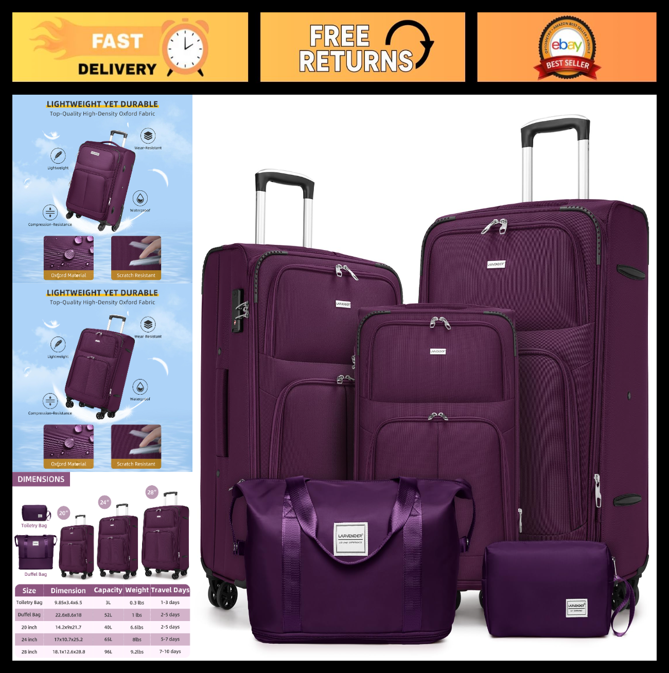 5-Piece Softside Luggage Set - Expandable Suitcases, Lightweight, 360° Wheels, T0