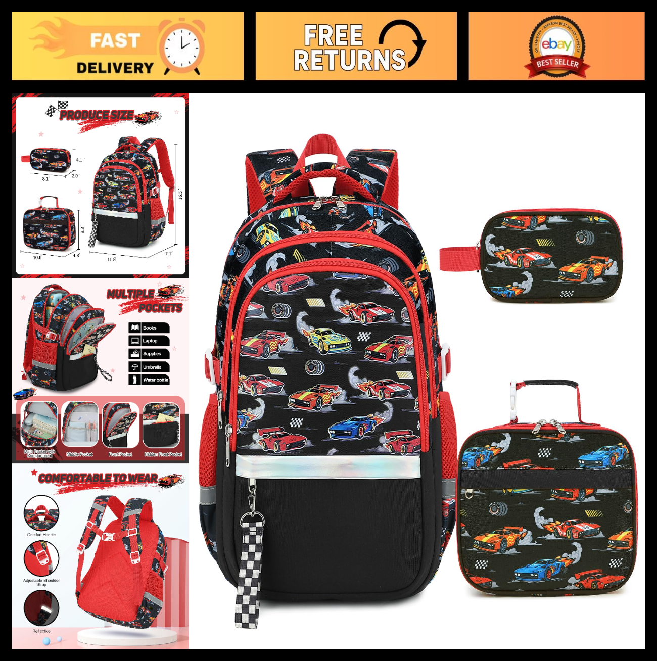 Luminous Boys Backpack Set   3PCS with Lunch Box & Pencil Case   School Gear0