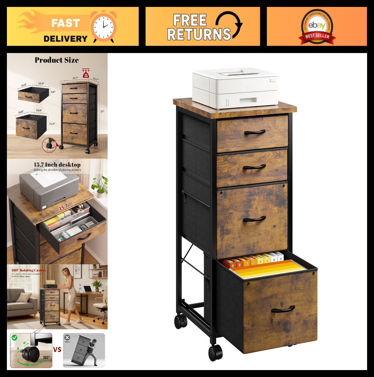 4 Drawer Rolling File Cabinet for A4 & Letter Size | Mobile Printer Stand, Large0