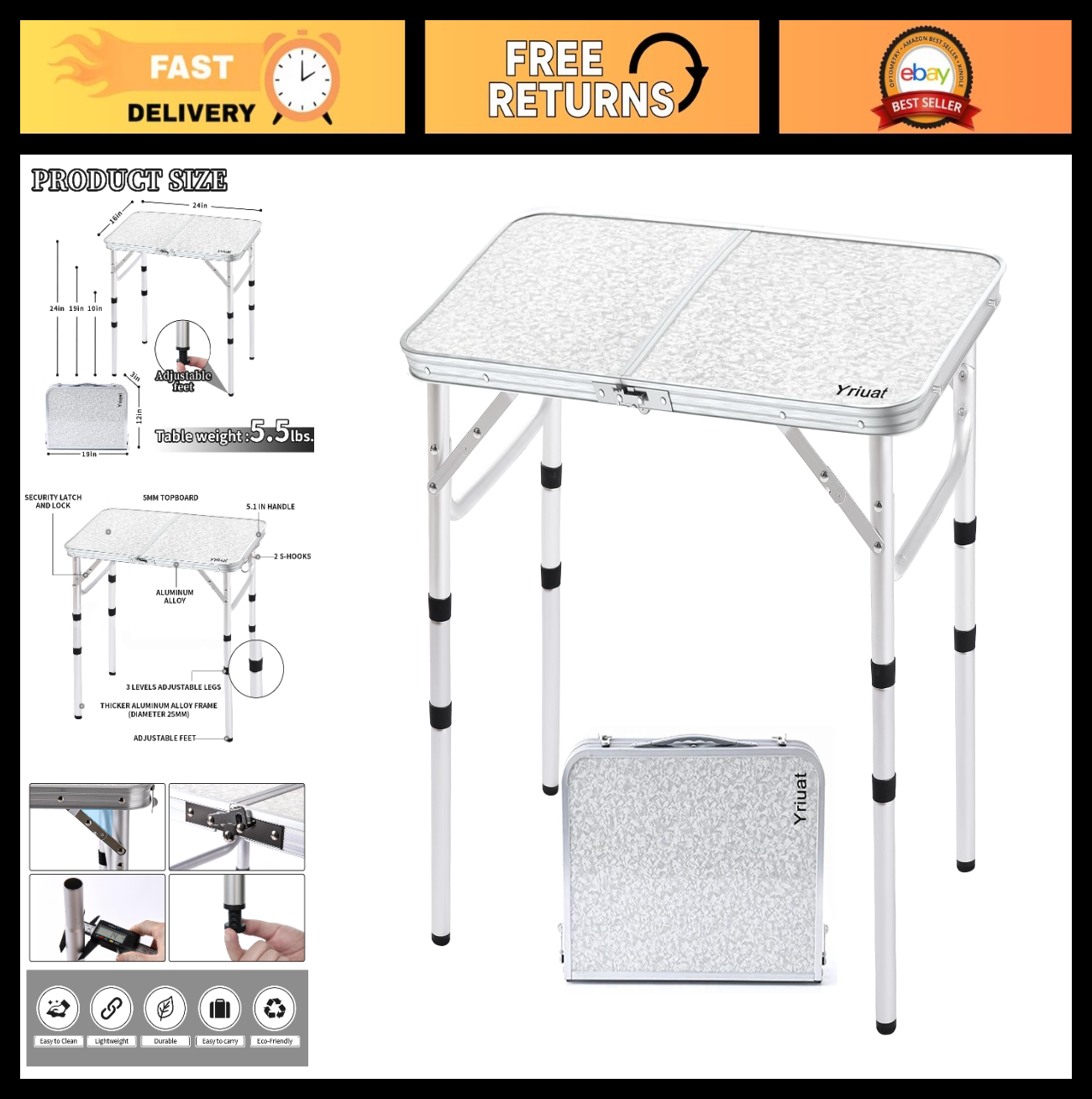 Portable Folding Camping Table - 2ft Adjustable Height Picnic Table, Lightweight0