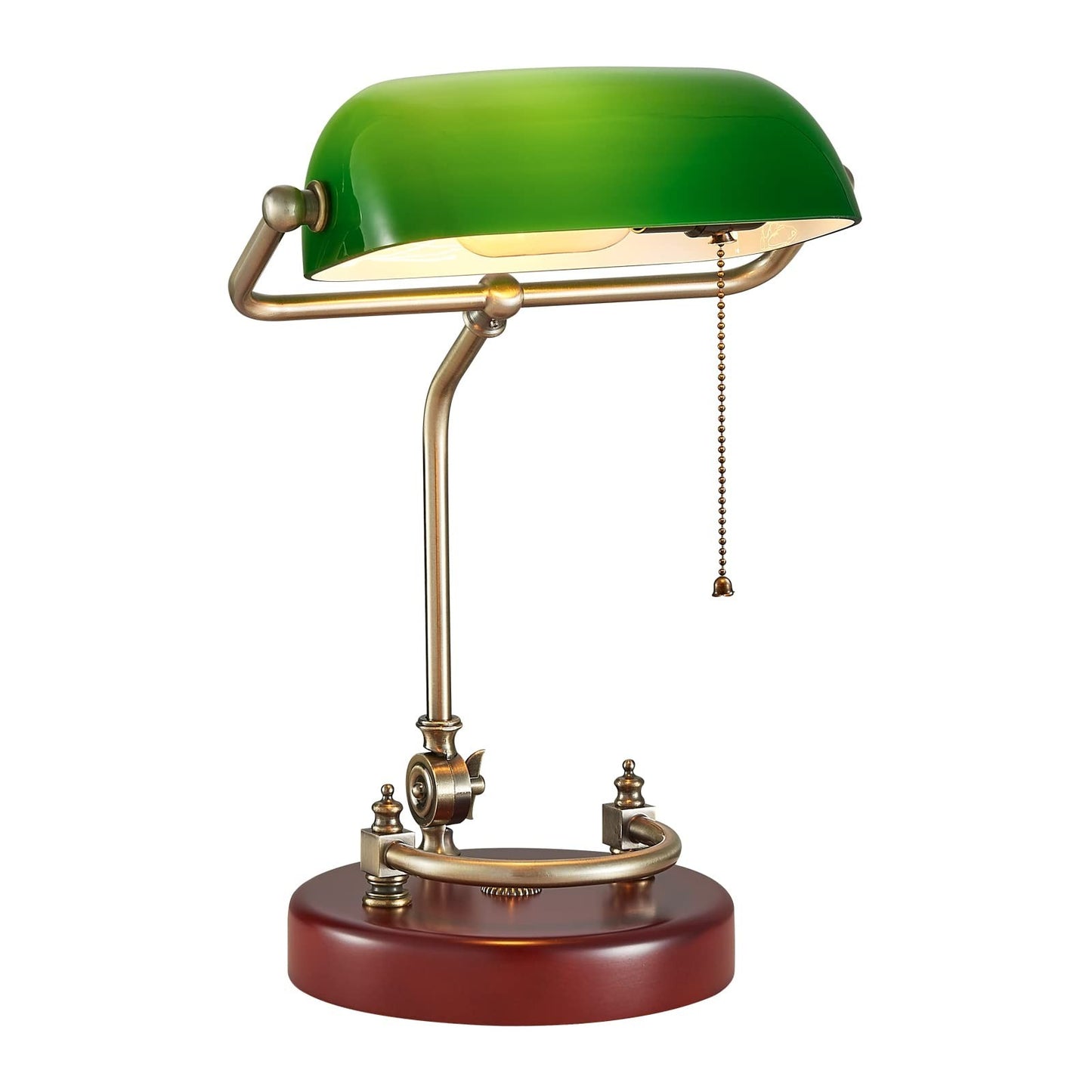 Vintage Green Glass Bankers Desk Lamp with Solid Wood Base, Pull Chain Switch, E1